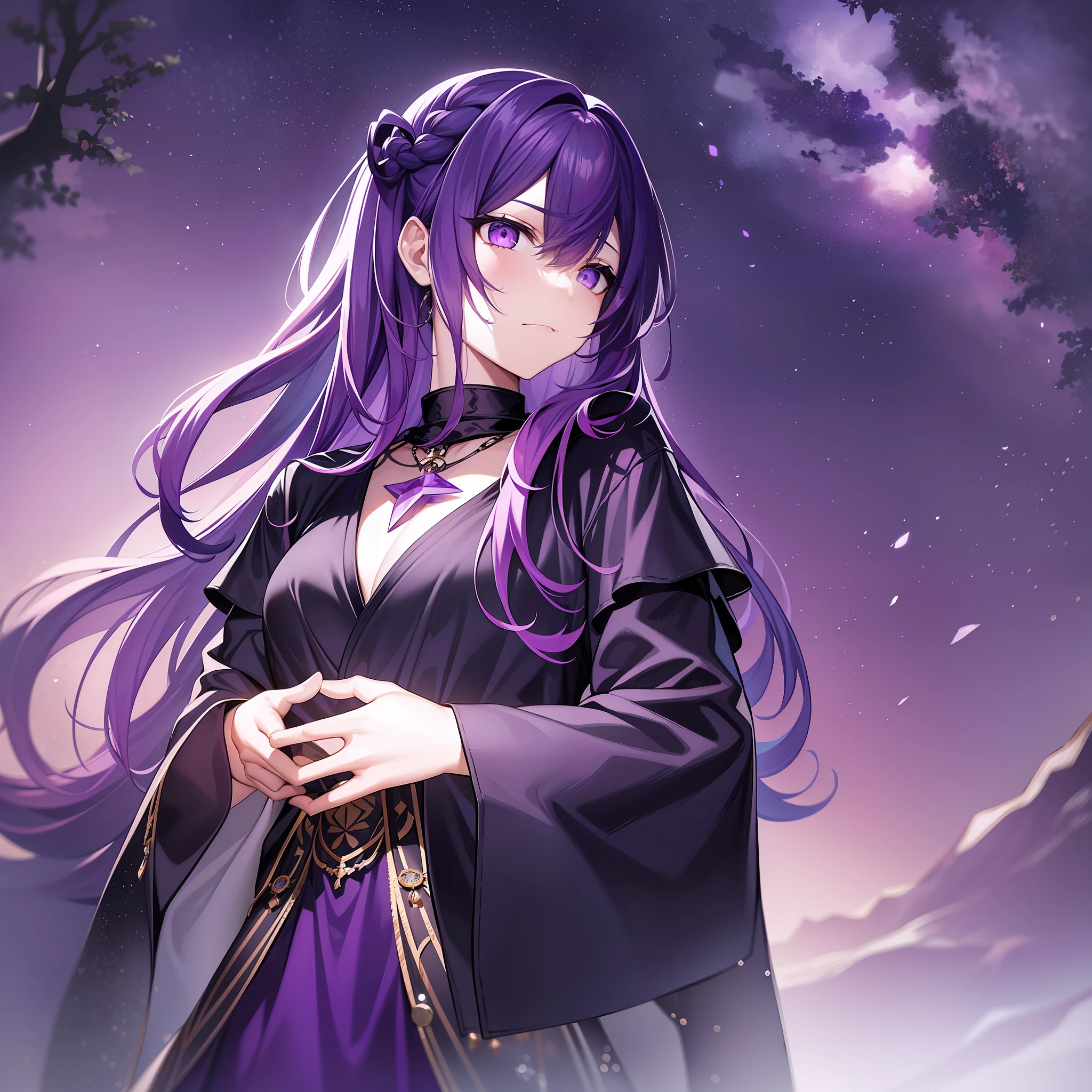 Character expressions: cold, haughty, eyes deep and uncatchable.
Hairstyle and color: Long purple hair, scattered on the shoulders, messy and a little wild.
Clothing style and color: Wearing a black magic robe with purple star patterns embroidered on the robe, it makes people feel mysterious and coercive.
Accessories on the figure: wearing a purple necklace with a beautiful shape, and the amethyst crystal on it also faintly flows with an elusive coldness and majesty.
Character posture: standing in the starry sky, holding a black sword in his hand, in the cold environment, as if he is a king in the dark, full of majesty and inviolability.
Environment: In the dark interstellar, there are almost no characteristics in the environment that can evoke people's intimate feelings, making people feel lonely and indifferent.
Atmosphere: cold and majestic
Environmental characteristics: The surrounding environment is uninhabited, only the stars and ashes between the dark stars are circulating, and the environment is silent and indifferent.
Ambient time: late at night