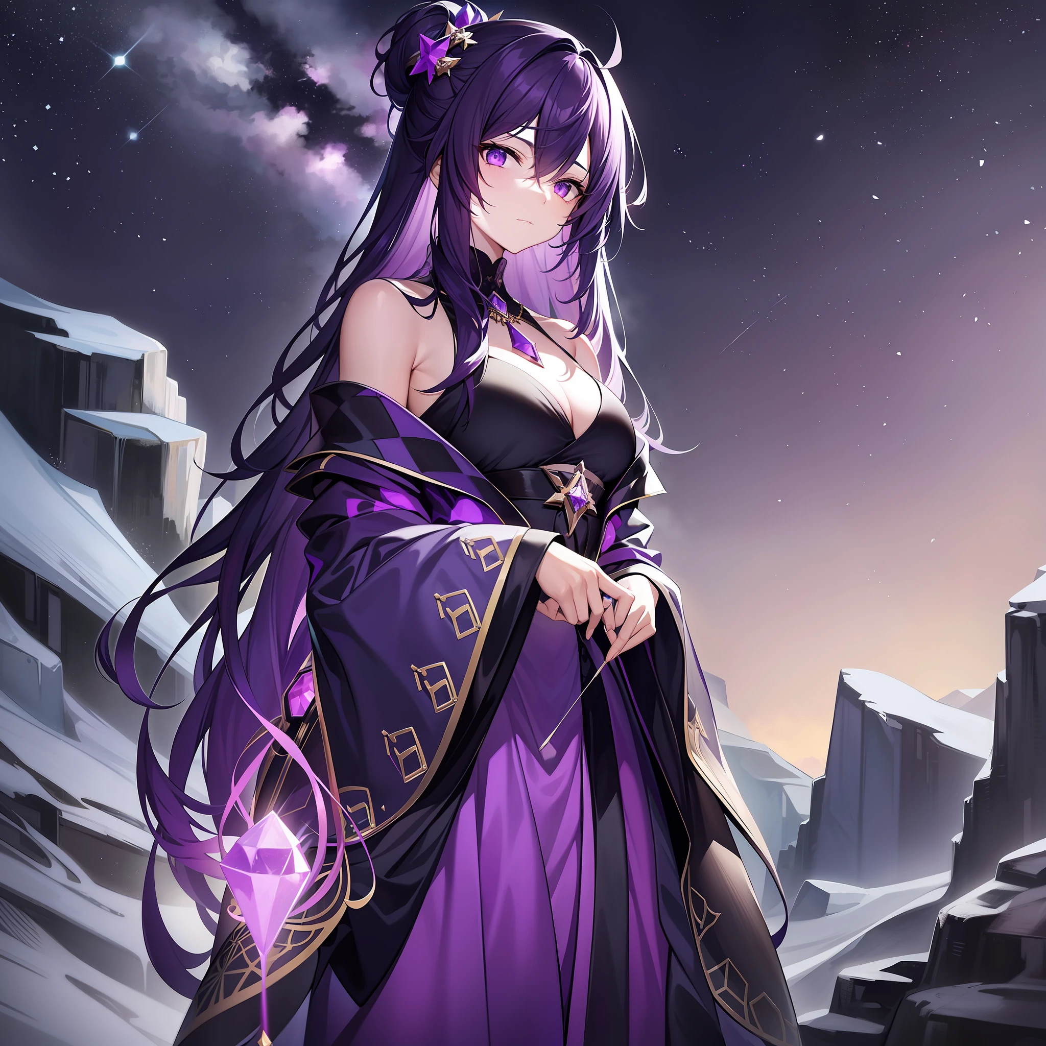 Character expressions: cold, haughty, eyes deep and uncatchable.
Hairstyle and color: Long purple hair, scattered on the shoulders, messy and a little wild.
Clothing style and color: Wearing a black magic robe with purple star patterns embroidered on the robe, it makes people feel mysterious and coercive.
Accessories on the figure: wearing a purple necklace with a beautiful shape, and the amethyst crystal on it also faintly flows with an elusive coldness and majesty.
Character posture: standing in the starry sky, holding a black sword in his hand, in the cold environment, as if he is a king in the dark, full of majesty and inviolability.
Environment: In the dark interstellar, there are almost no characteristics in the environment that can evoke people's intimate feelings, making people feel lonely and indifferent.
Atmosphere: cold and majestic
Environmental characteristics: The surrounding environment is uninhabited, only the stars and ashes between the dark stars are circulating, and the environment is silent and indifferent.
Ambient time: late at night