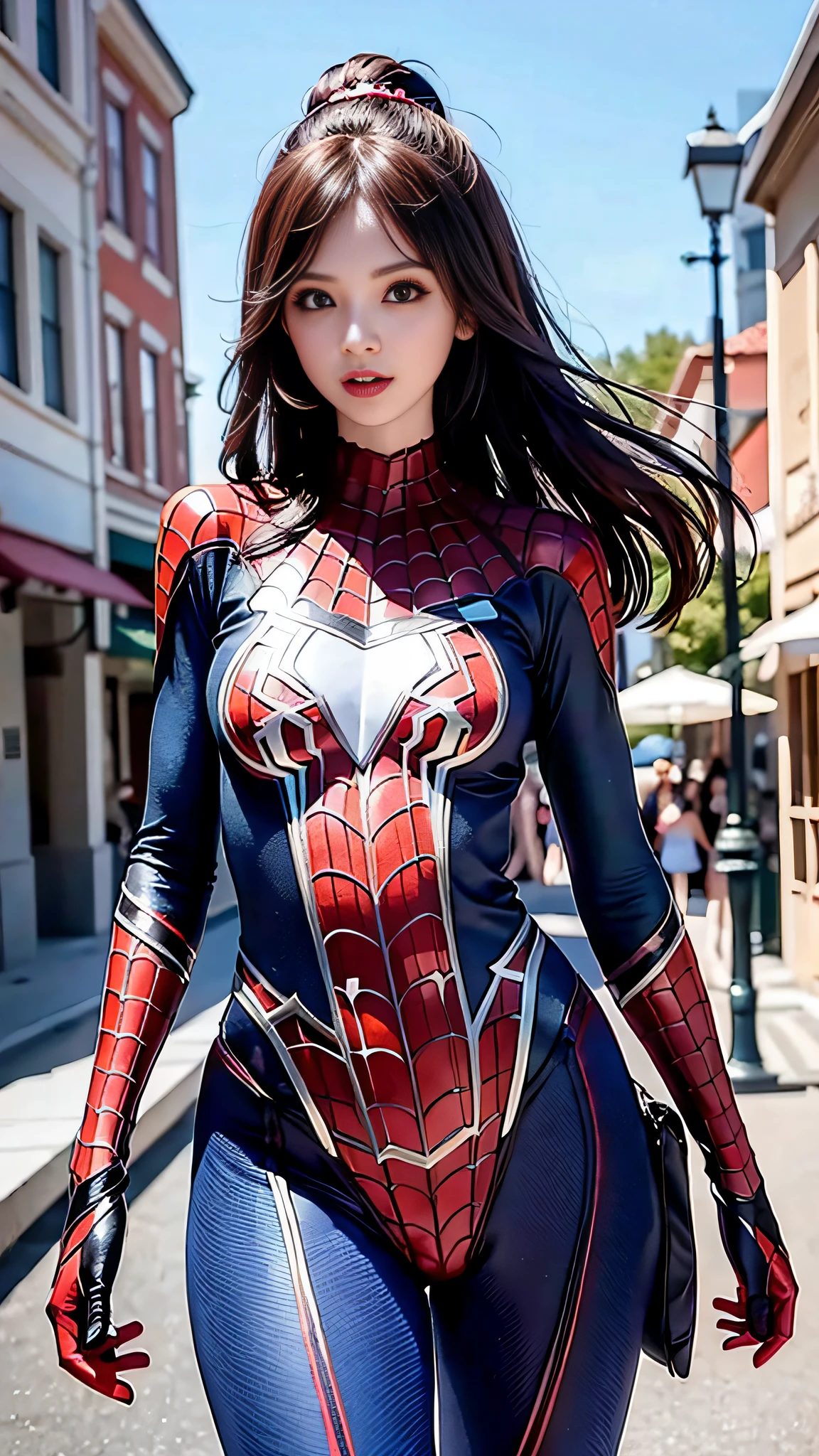 Beautiful woman detailed defined body using spider man cosplay, small breasts