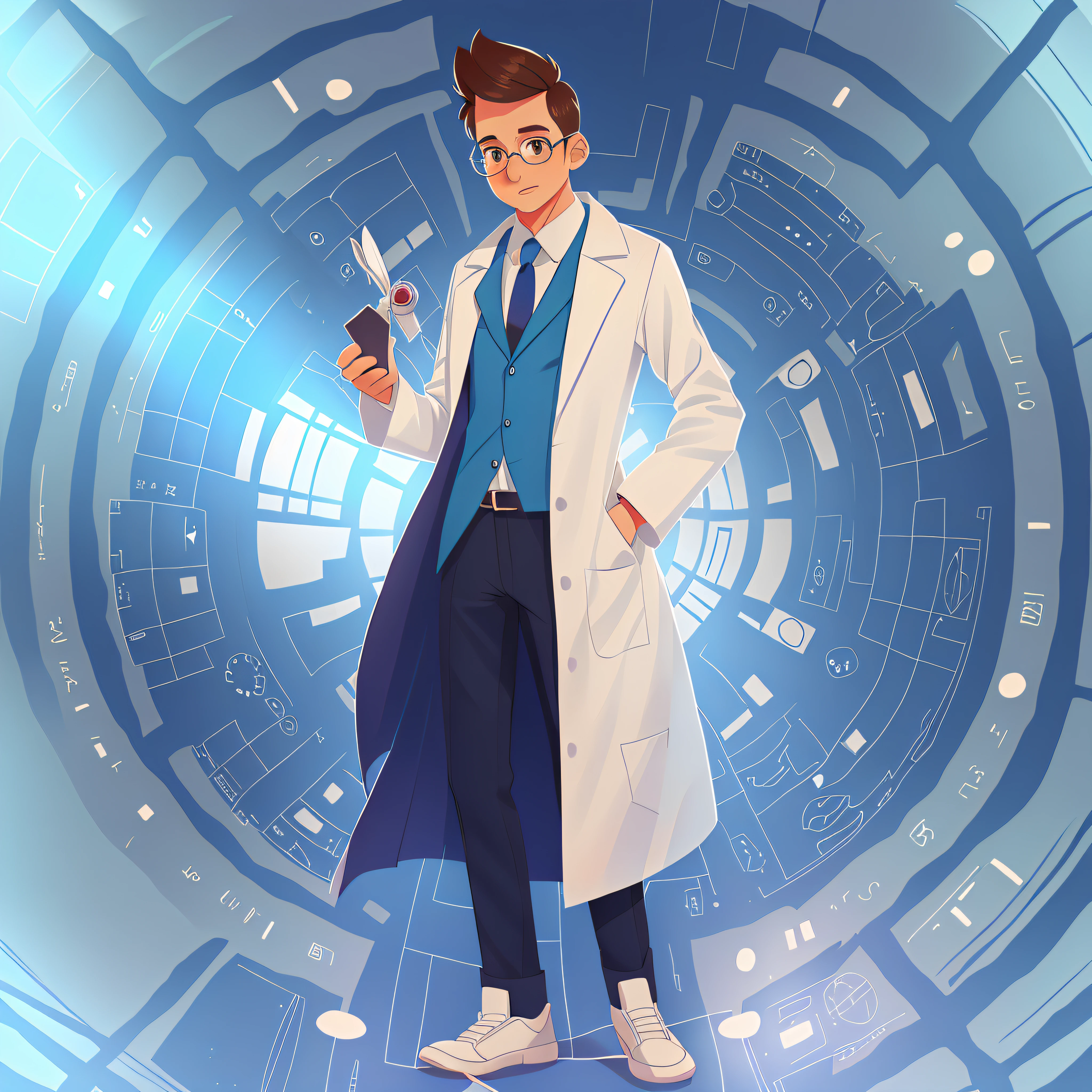 Male doctor, very skinny, cartoon doctor, Q version doctor, white coat, inch hairstyle, glasses, 3d rendering, solid color background, blue background, full body photo