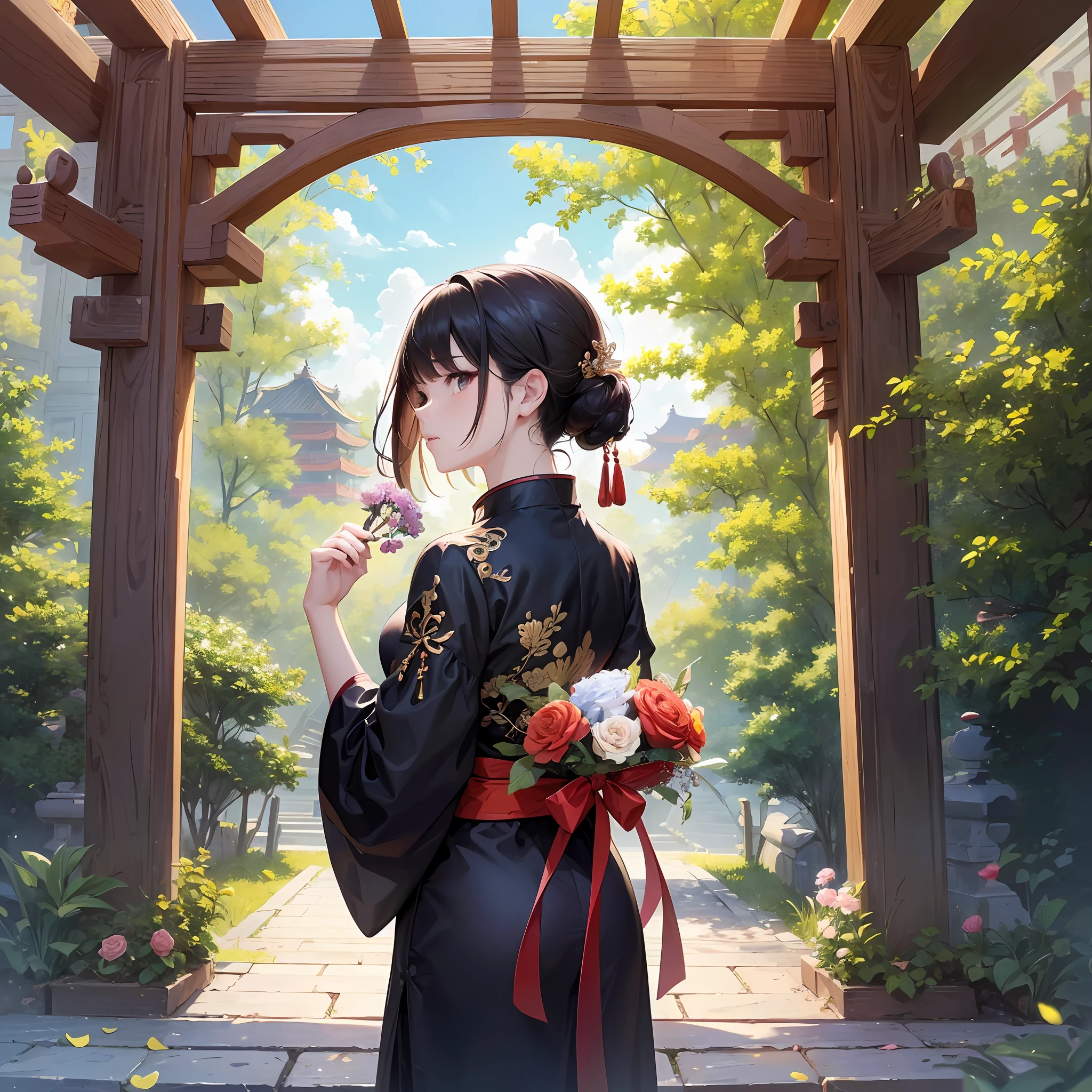 (Masterpiece, top quality, best quality, two-dimensional Chinese style, beautiful girl holding flowers in her hand and gazing at the beautiful and gorgeous sky in the distance.) --auto --s2