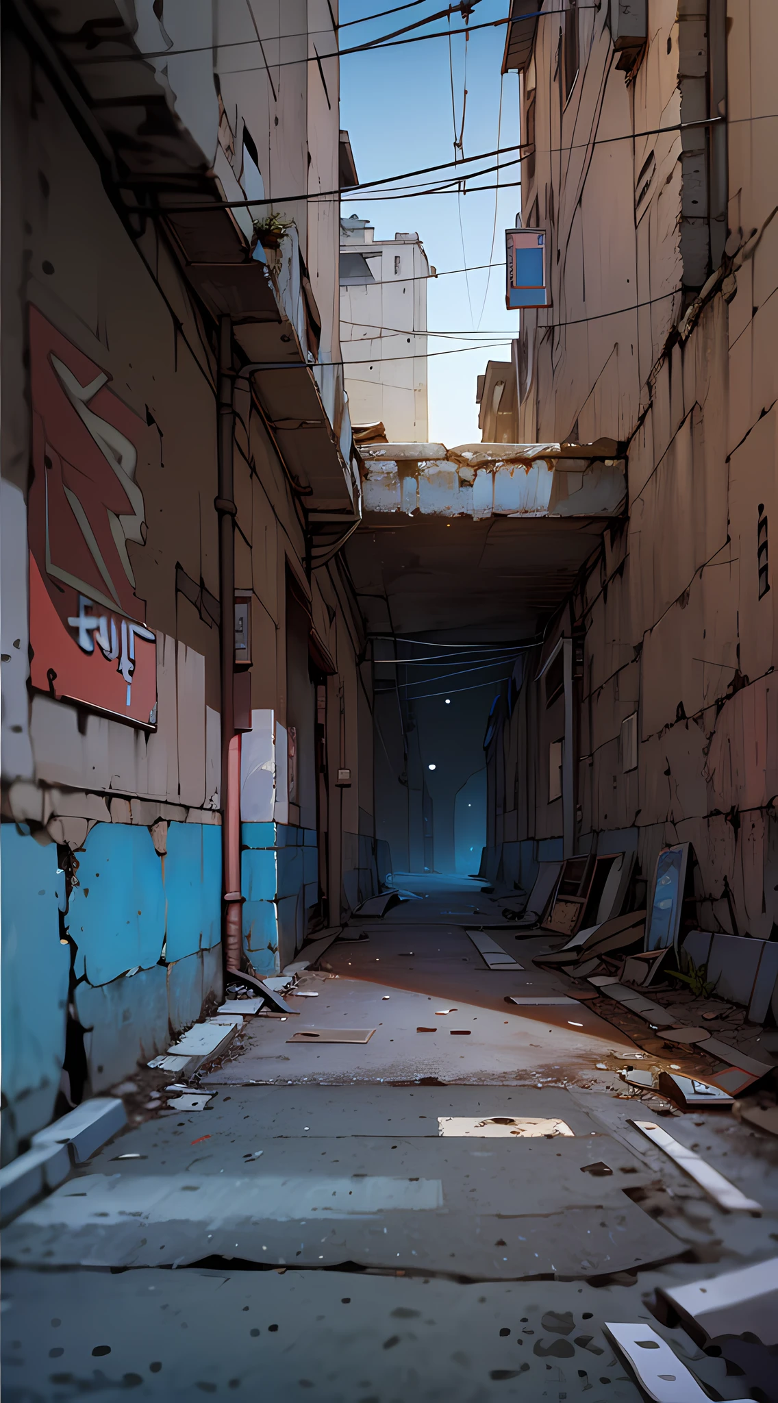 masterpiece, best quality, 8k, absurdres, (street, no humans, buildings:1.5), (metal signs, perspective, depth of field:1.2), scenery, cables, some garbage on the ground, rusty scrap, (damaged wall paint, dirty and cracked concrete wall:0.8), dusty, HDR, (bleach bypass, ginnokoshi:0.8), cinematic lighting, professional lighting, high contrast, sharp focus, highres, photography, hyperrealistic, ultra detailed, sharp details, finely detail