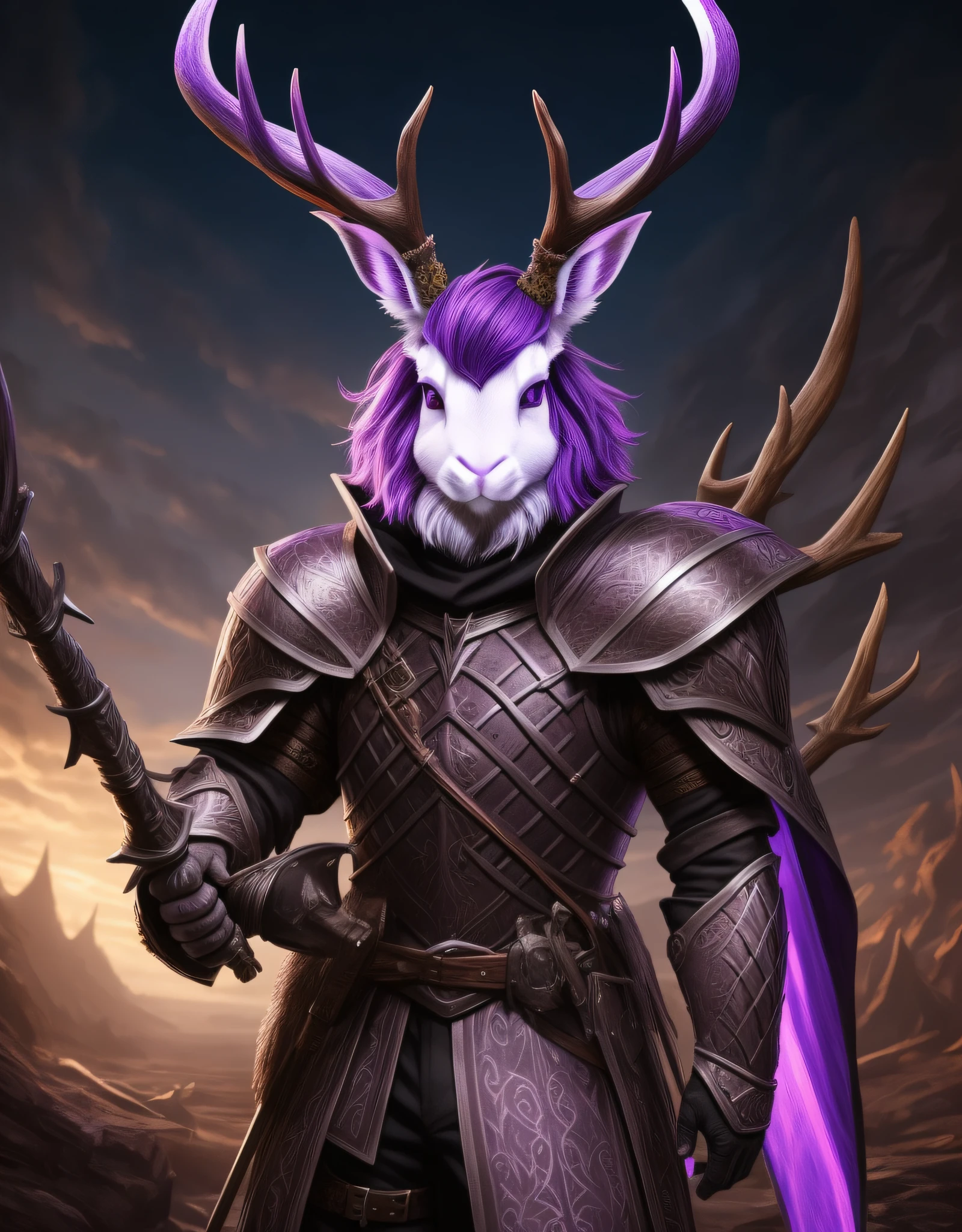 Knight Jackalope, short purple hair, jackalope antlers, dark armor(masterpiece, best quality)