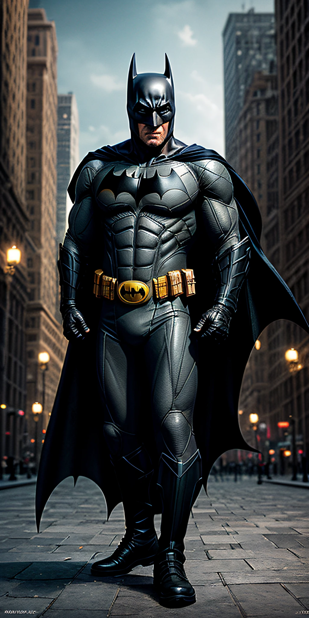 Batman ((proud expression)), masterpiece, best quality, ultra-detailed, floor, city background, shadows, contrast, clear sky, style (look at viewer: 1.2) (skin texture) (film grain: 1.3), ultra-high resolution, octane rendering, 16k