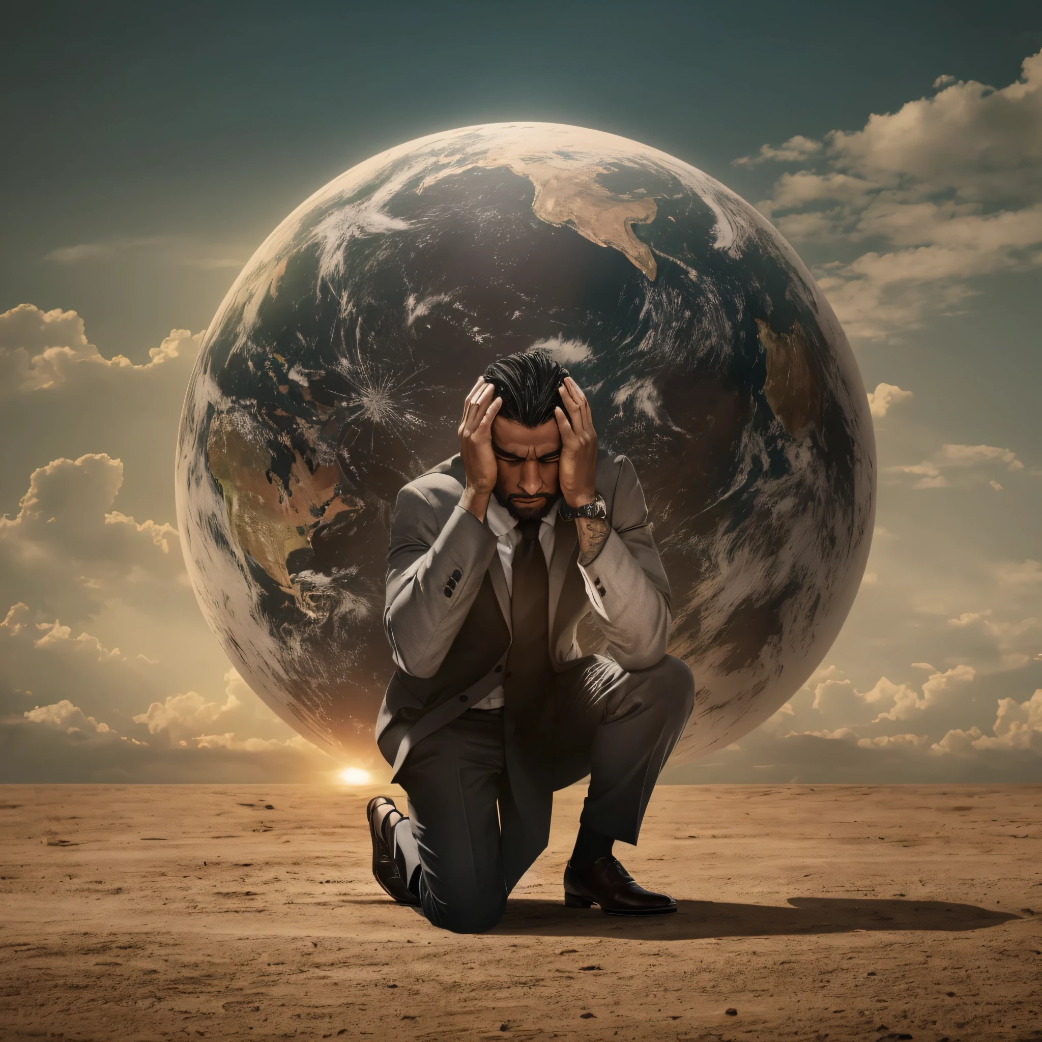 On the last day on earth, a man in a suit kneels and holds his head with his hands and is depressed --auto --s2