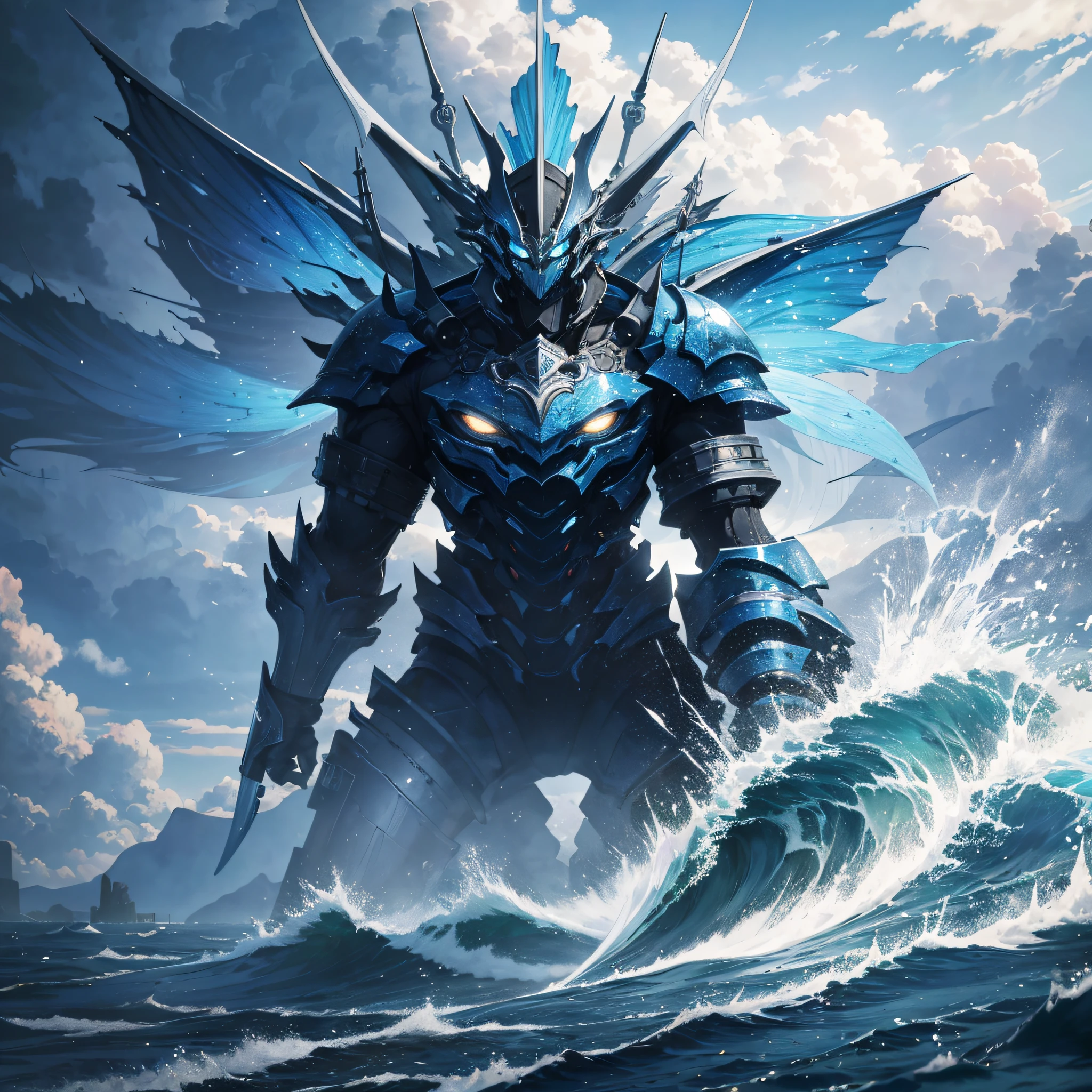 Absurd resolution, high resolution, (masterpiece: 1.4), hyper-detail, shoreside, blue mechanical an giant, tsunami, water column, shock
