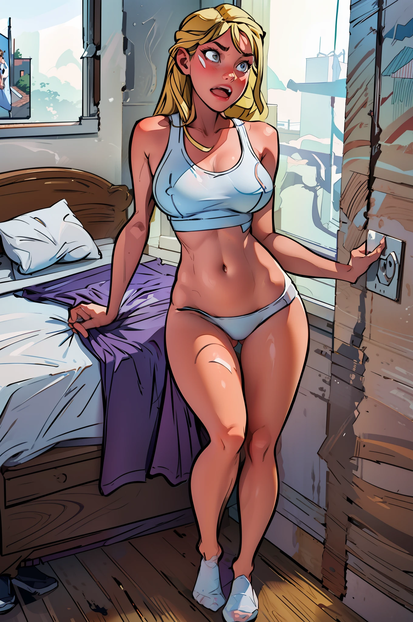 4k highly detailed realistic ((full body including legs)) photo of beautiful 18 year old Anglo-Saxon sweaty girl with ((sharp jawline)) and perky tits, in wet clothes standing by the bedroom window in a tall building with white walls in a wet sports bra with a deep neckline