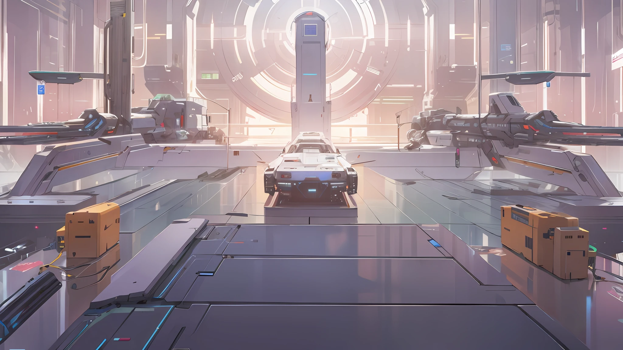 Cyberpunk, interior sci-fi scene, full of technology, mechanical, modern, detailed, glass, HD,