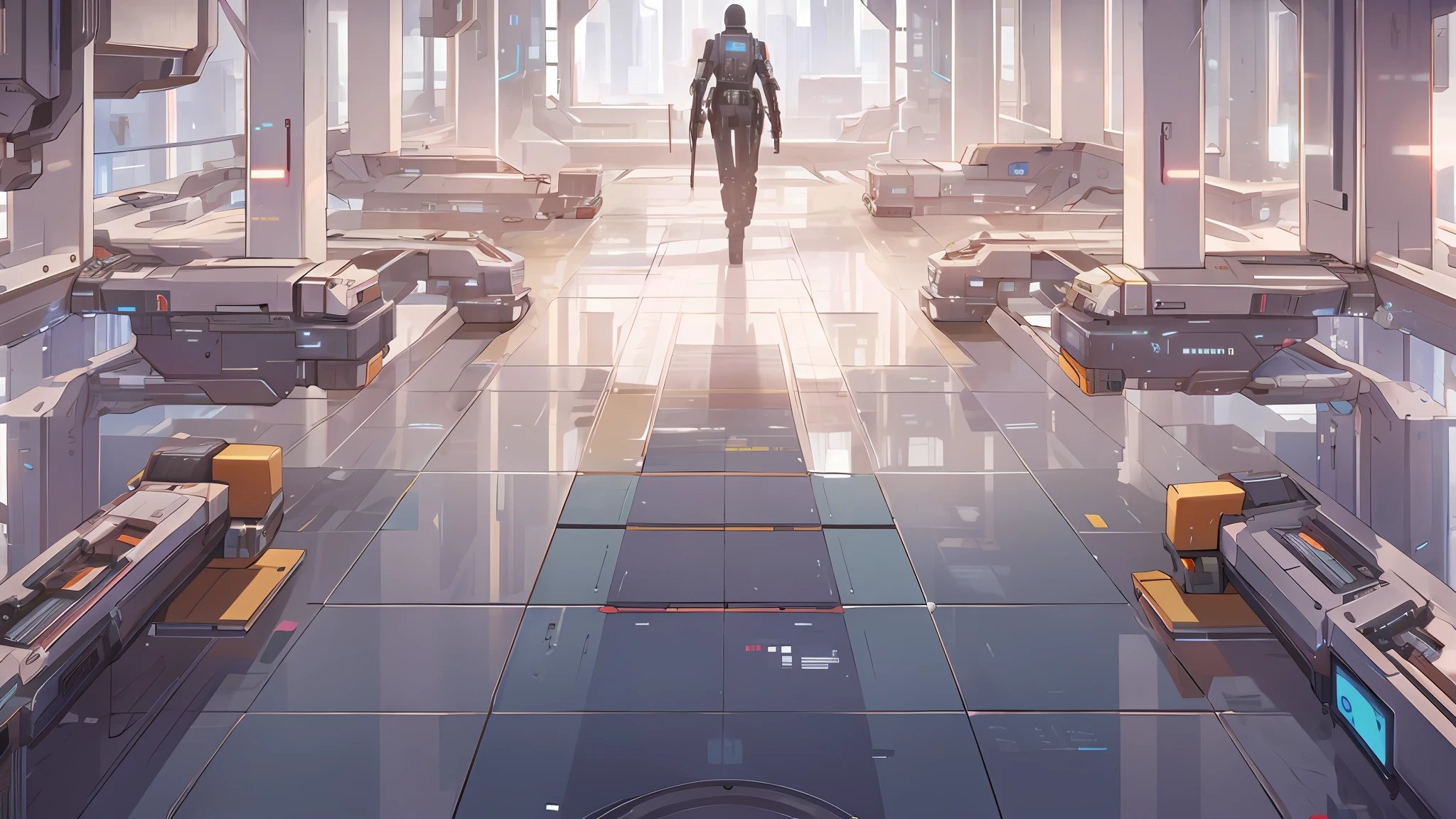 Cyberpunk, interior sci-fi scene, full of technology, mechanical, modern, detailed, glass, HD,