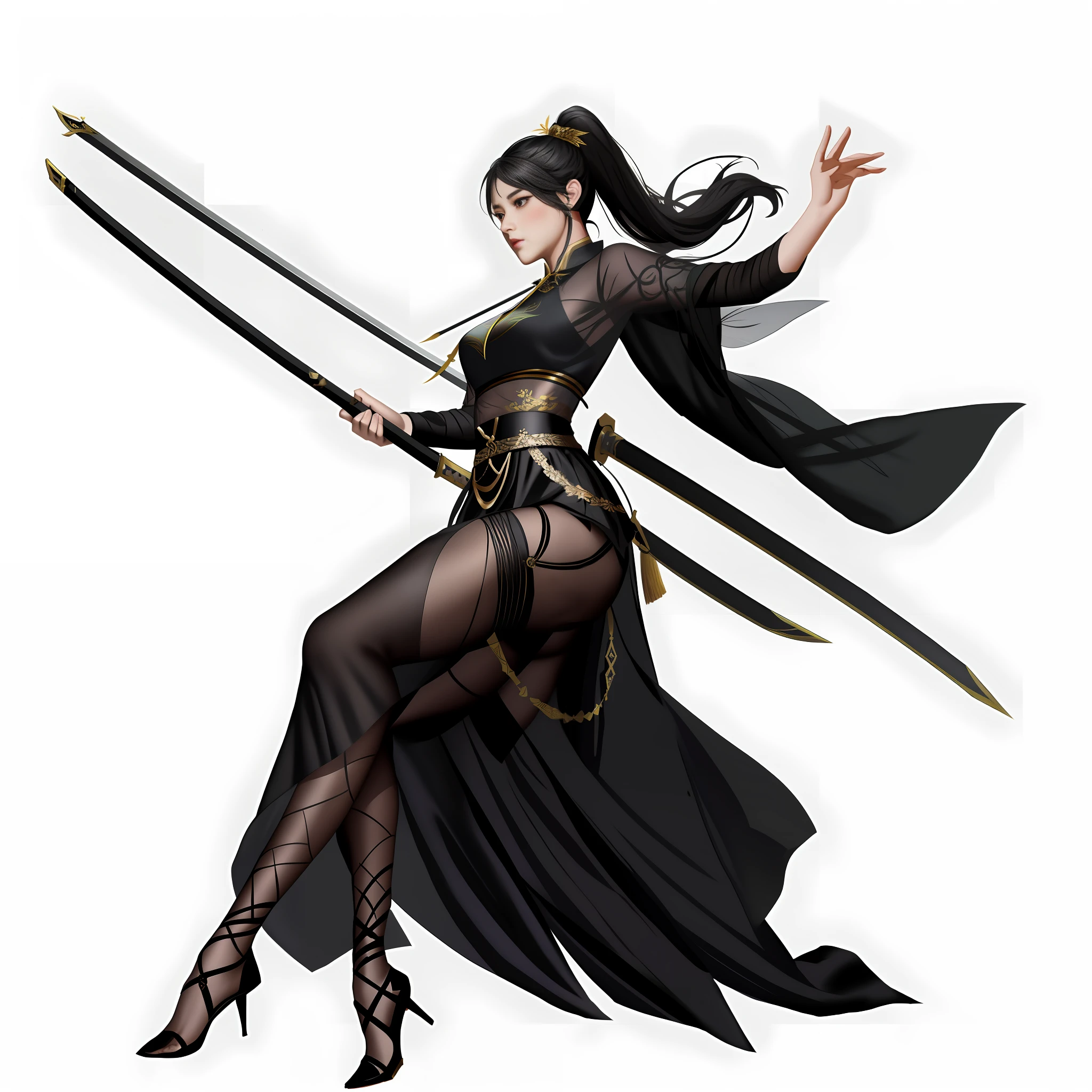 Araved woman in black costume holding sword and sword, full body martial arts, fairy hero, inspired by Li Meishu, inspired by Ju Lian, katana game character, Yunling, full body fairy, martial arts, inspired by Du Qiong, by Yang J, Chinese warrior, fairy hero, normal hand