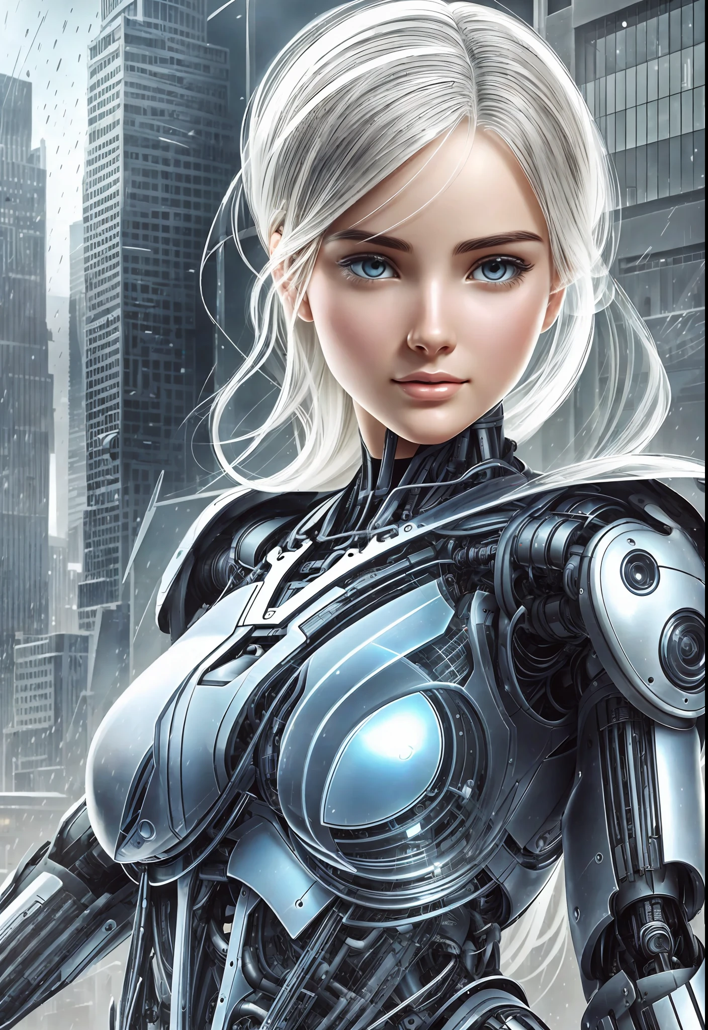 A robot with perfect female face, super realistic humanoid, robot with human-like face and mechanical detailed body, 8K image, robot with bird posing in its hand, peaceful environment, futuristic city background, super realistic robot with human-like physiognomy, peaceful robot, ((Masterpiece, best quality,)), dumb, (wet:1.2), girl, medium breasts, (see-through:1.3) --auto --s2