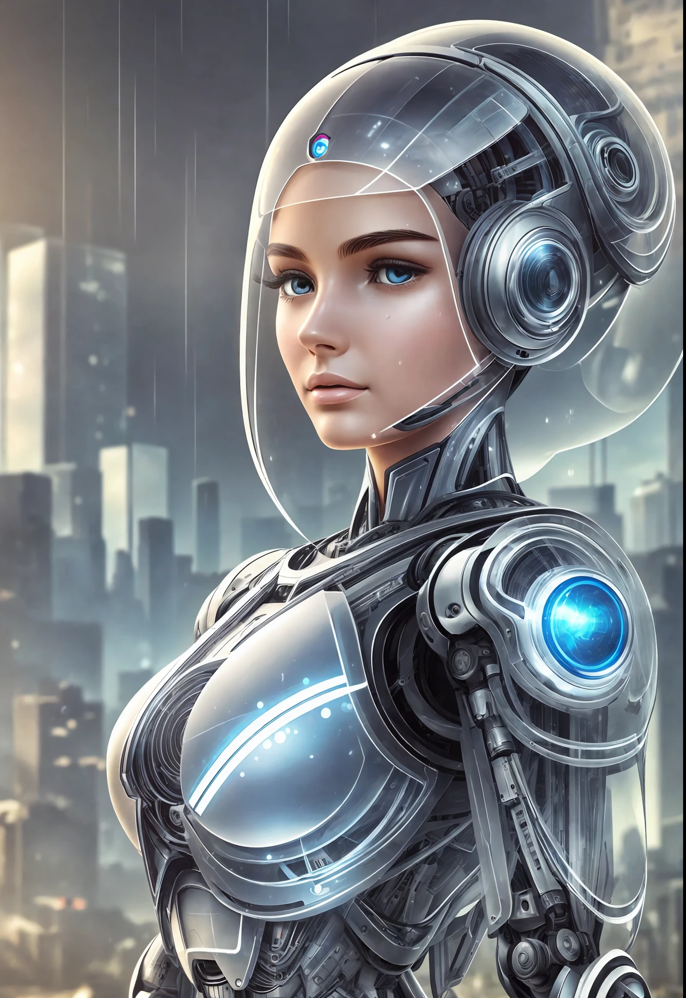A robot with perfect female face, super realistic humanoid, robot with human-like face and mechanical detailed body, 8K image, robot with bird posing in its hand, peaceful environment, futuristic city background, super realistic robot with human-like physiognomy, peaceful robot, ((Masterpiece, best quality,)), dumb, (wet:1.2), girl, medium breasts, (see-through:1.3) --auto --s2