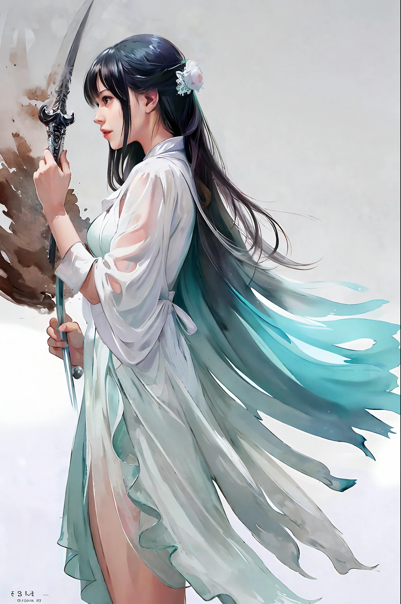 stechu, (white background: 1.4), ((tachi-e)), original, (illustration: 1.1), (best quality), (masterpiece: 1.1), (very detailed CG unity 8k wallpaper: 1.1), (color: 0.9), (panoramic shot: 1.4), (single: 1.2), (splash ink), (splash color), ((watercolor)), clear and sharp focus, close-up of a woman in white dress holding a sword, fighting posture, sharp eyes, beautiful Delicate face and eyes, delicate garment pattern details, black hair, dark eyes, aqua color