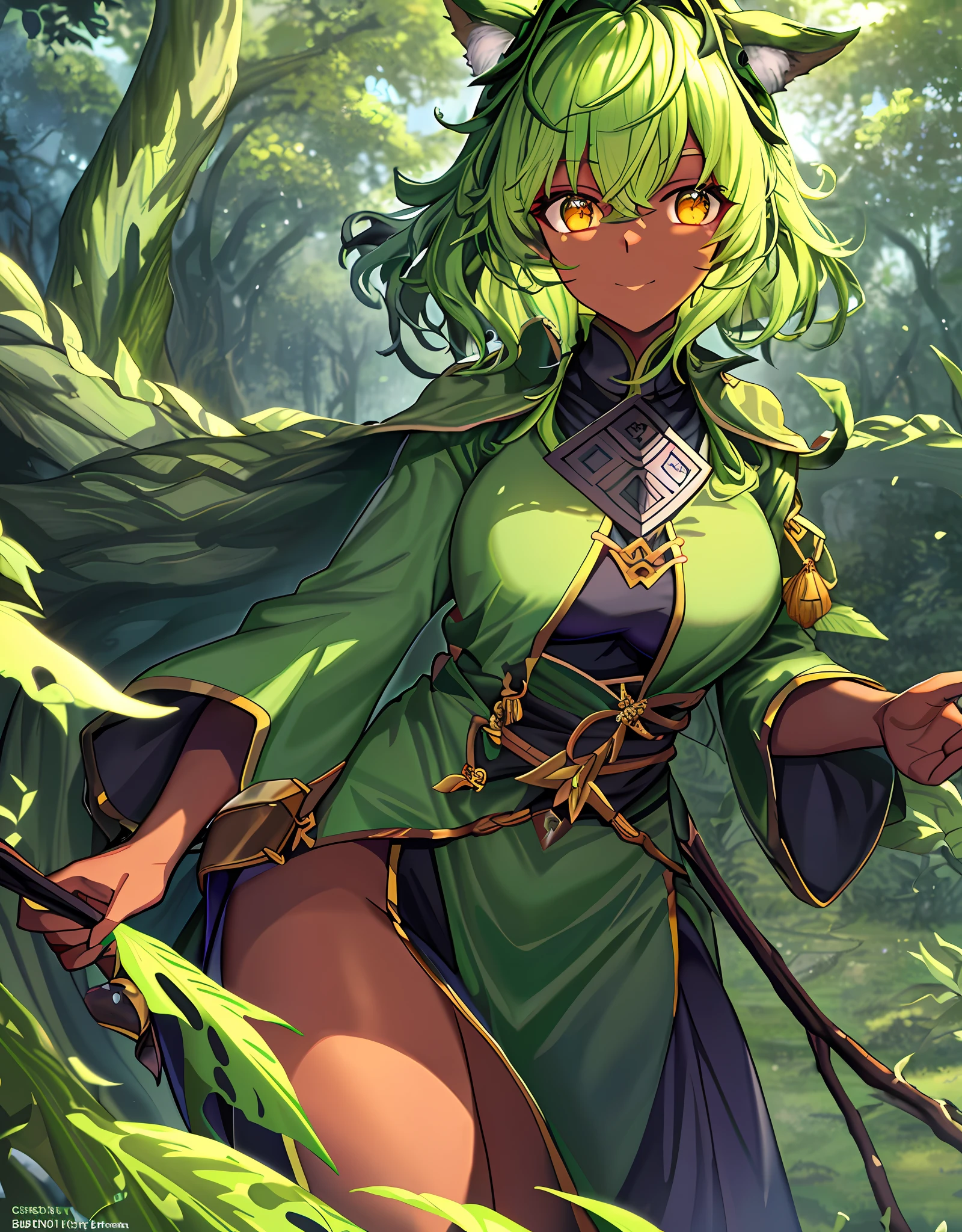 ファンタジー, 1forest_elemental_girl, 格闘, (using_leaves_clothes, green_leaves_covered_breasts, leaves_covered_pussy)+++,big_tits,dynamic_pose_standing, light_smile, 眠い, medium_hair, へそ,(dark_skin)+, オイル, (winding_vine_around_torso)++, (ふっくらと)+,森, trees_background, leaves_headgear, green_leaves_cape, hold_large_long_staff, large_thighs, large_ass, solo,