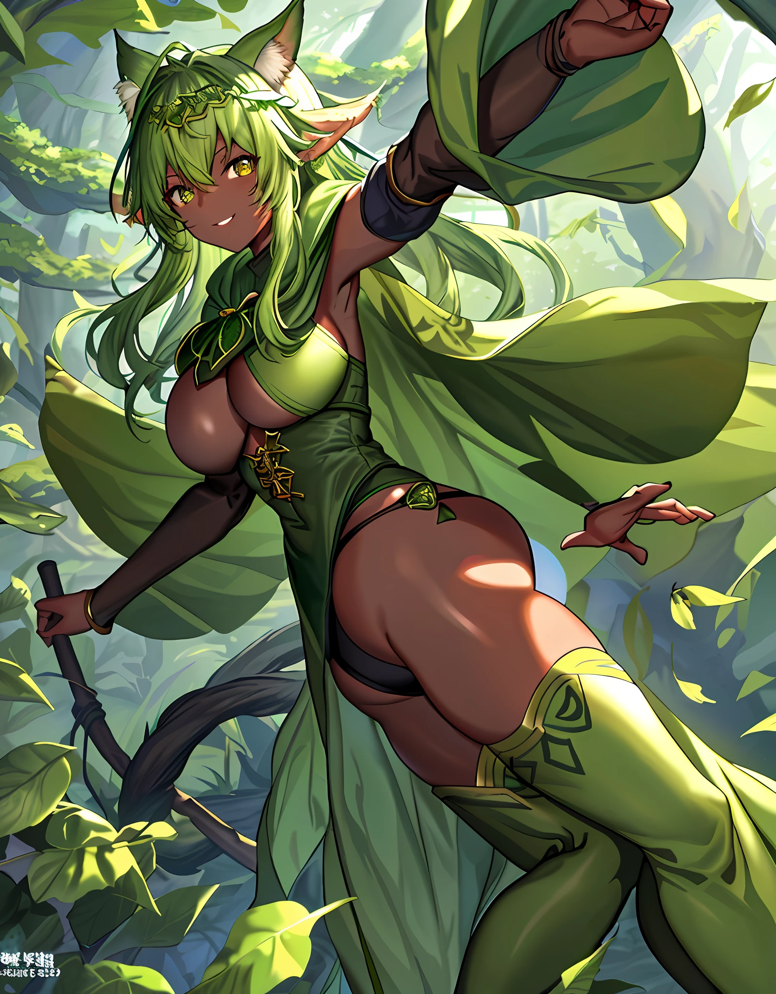 ファンタジー, 1forest_elemental_girl, 格闘, (using_leaves_clothes, green_leaves_covered_breasts, leaves_covered_pussy)+++,big_tits,dynamic_pose_standing, light_smile, 眠い, medium_hair, へそ,(dark_skin)+, オイル, (winding_vine_around_torso)++, (ふっくらと)+,森, trees_background, leaves_headgear, green_leaves_cape, hold_large_long_staff, large_thighs, large_ass, solo,
