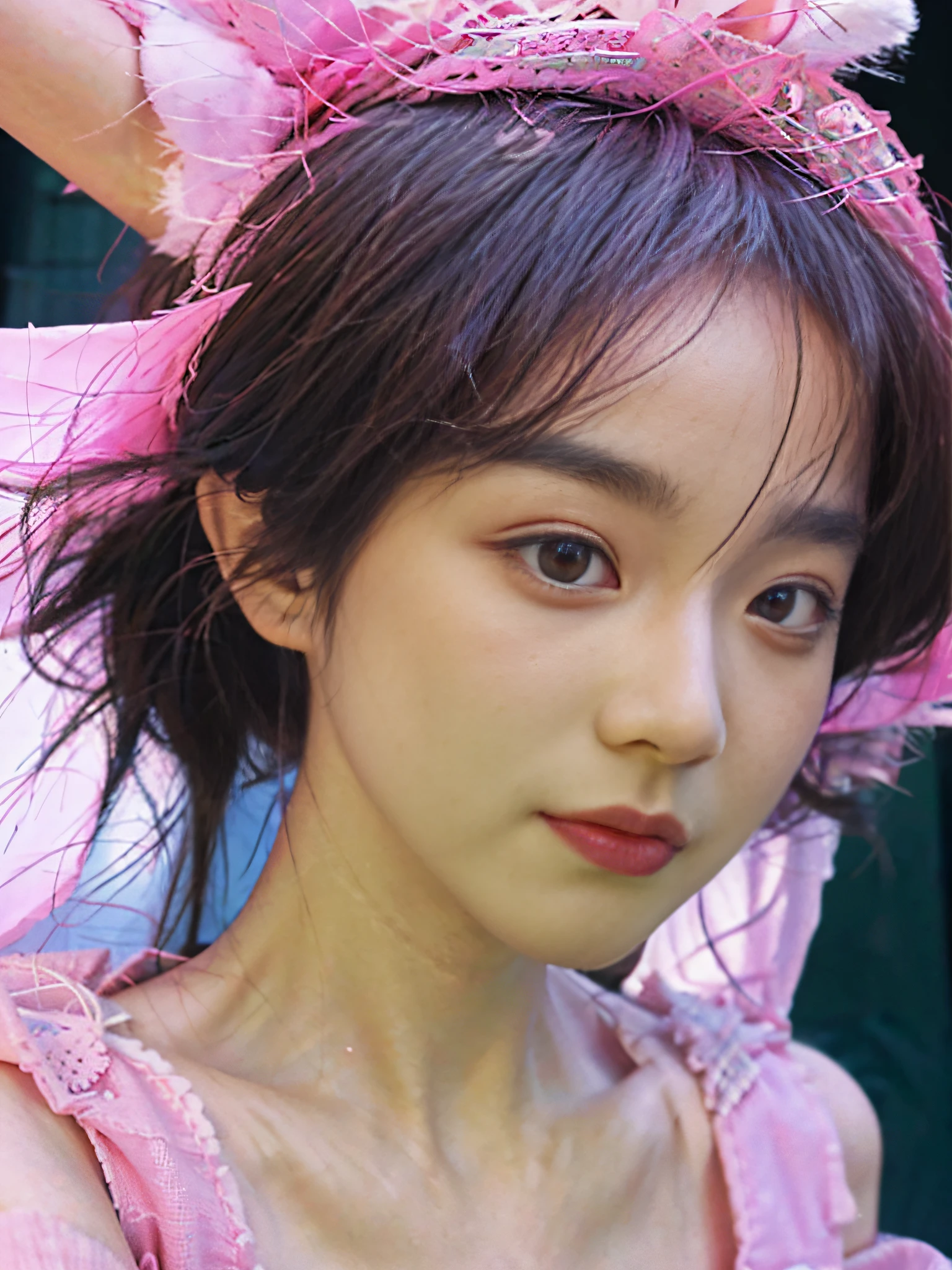 8K, Best Quality, Masterpiece, Ultra High Resolution, (Realism: 1.4), Original Photo, (Realistic Skin Texture: 1.3), (Film Grain: 1.3), (Selfie Angle), 1 Girl, Pink Clothes, Sapphire Color Eyes and Beautiful Face Details, Masterpiece, Best Quality, Close-up, Upper Body Highest Quality Picture Quality Pull-up