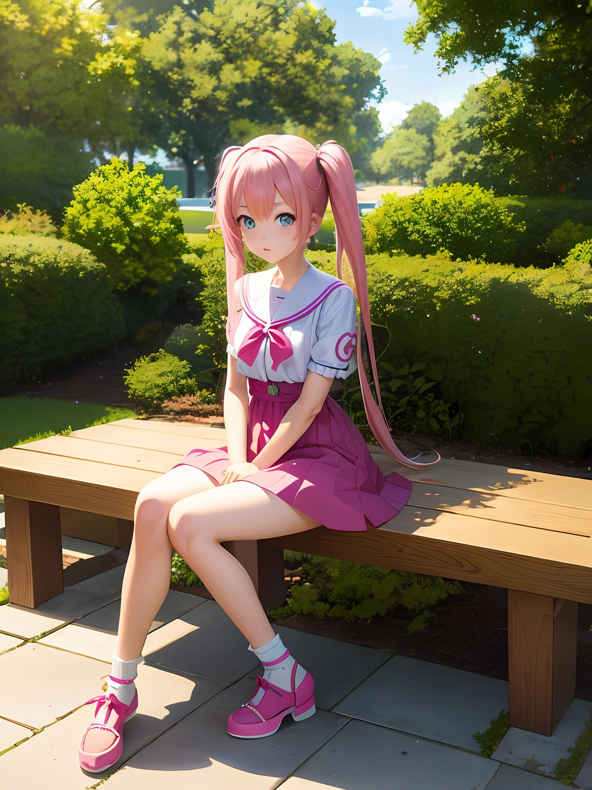 anime - style girl with pink hair sitting on a stone bench, an anime drawing by Shitao, pixiv contest winner, realism, pink twintail hair and cyan eyes, seductive anime girl, artwork in the style of guweiz, smooth anime cg art, photorealistic anime girl render, the anime girl is crouching, cute anime girl