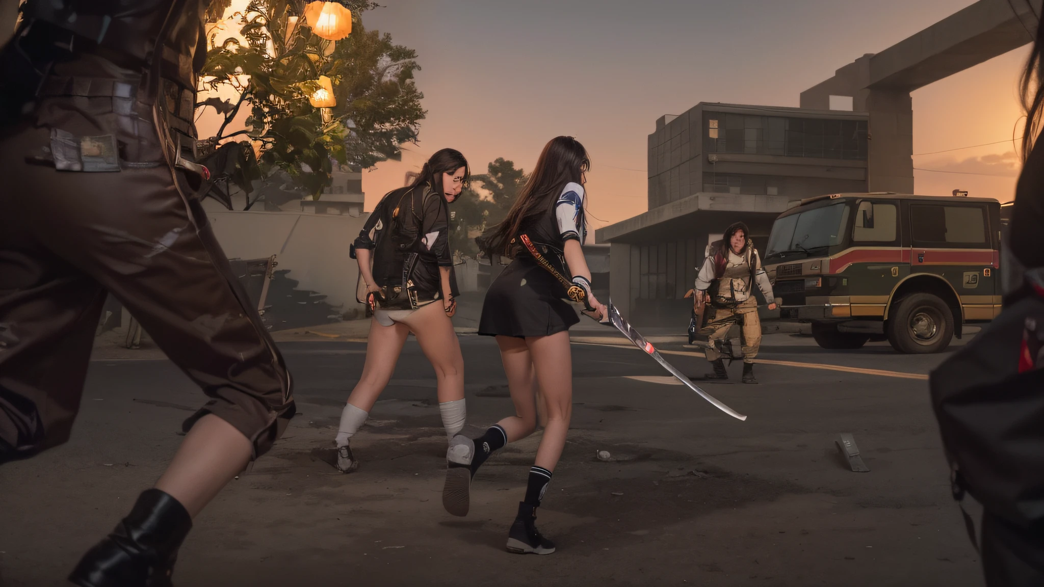 1girl, a girl in a K uniform, holding a high-tech katana in her hand, duel with a group of zombies, sexy back, delicate skin, upper body, close-up, 8k, RAW photo, best picture quality, masterpiece, realism, realism, divided bangs, long hair,