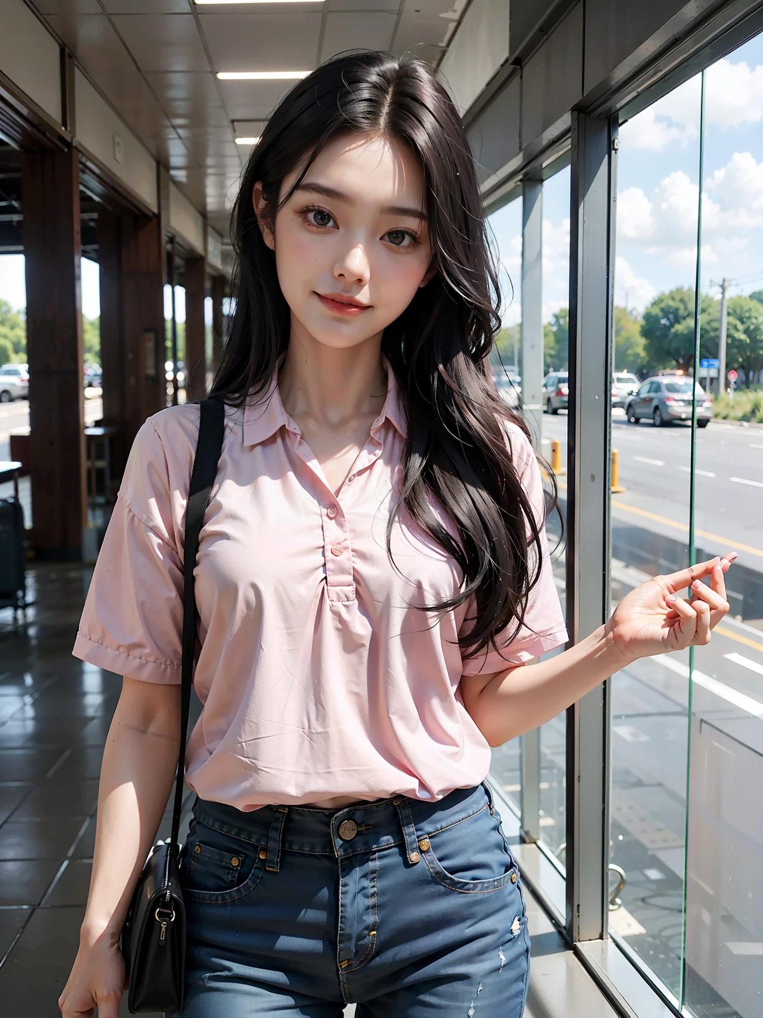 1 girl, (black hair semi-long) (beautiful hair), polo shirt corde (light pink) (cotton fabric), denim trousers actress, light smile, shiny skin
Best quality, masterpiece, (photorealistic: 1.4), inside the airport, small bag, black