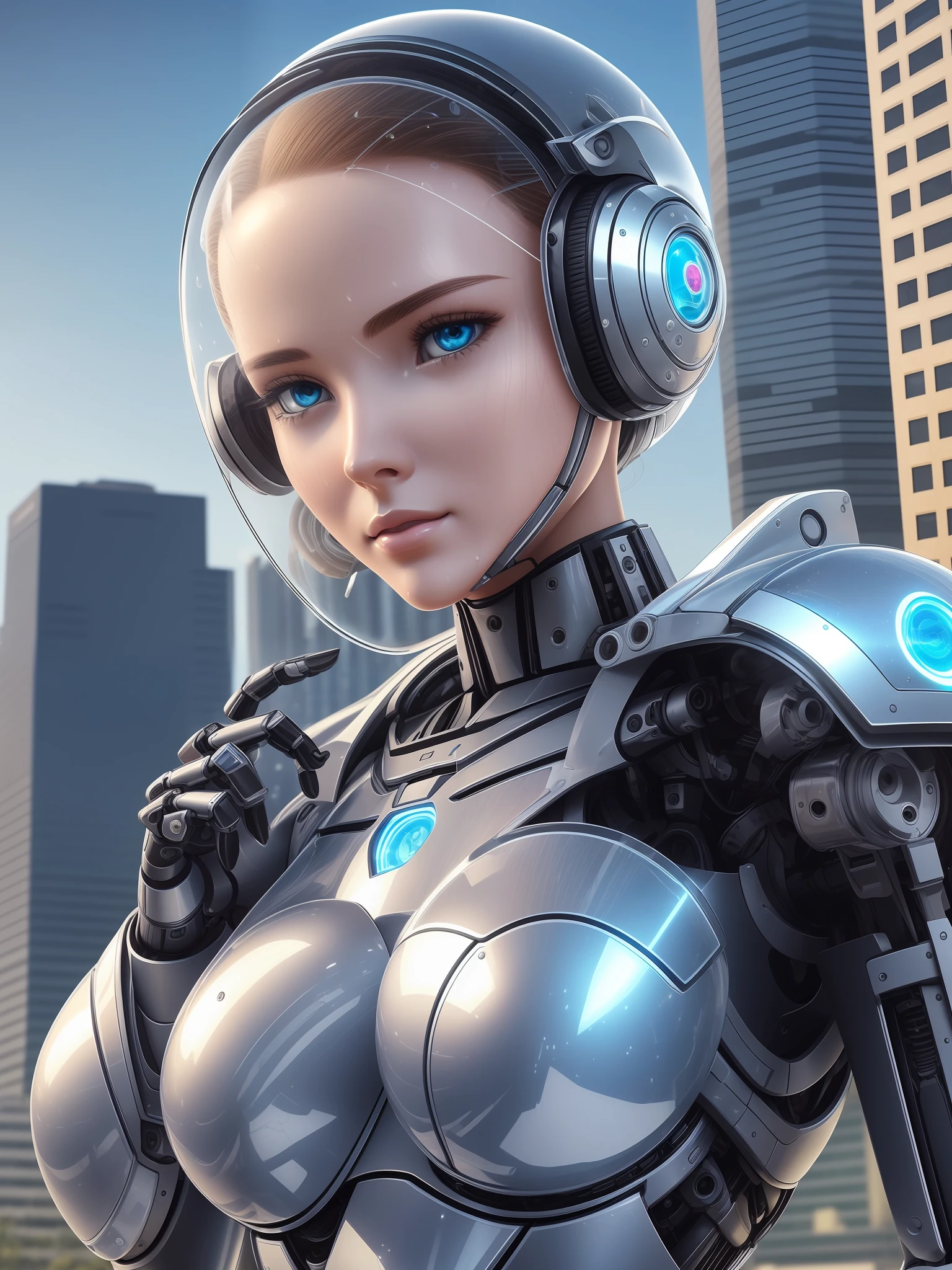 A robot with perfect female face, super realistic humanoid, robot with human-like face and mechanical detailed body, 8K image, robot with bird posing in its hand, peaceful environment, futuristic city background, super realistic robot with human-like physiognomy, peaceful robot, ((Masterpiece, best quality,)), dumb, (wet:1.2), girl, medium breasts, (see-through:1.3) --auto --s2