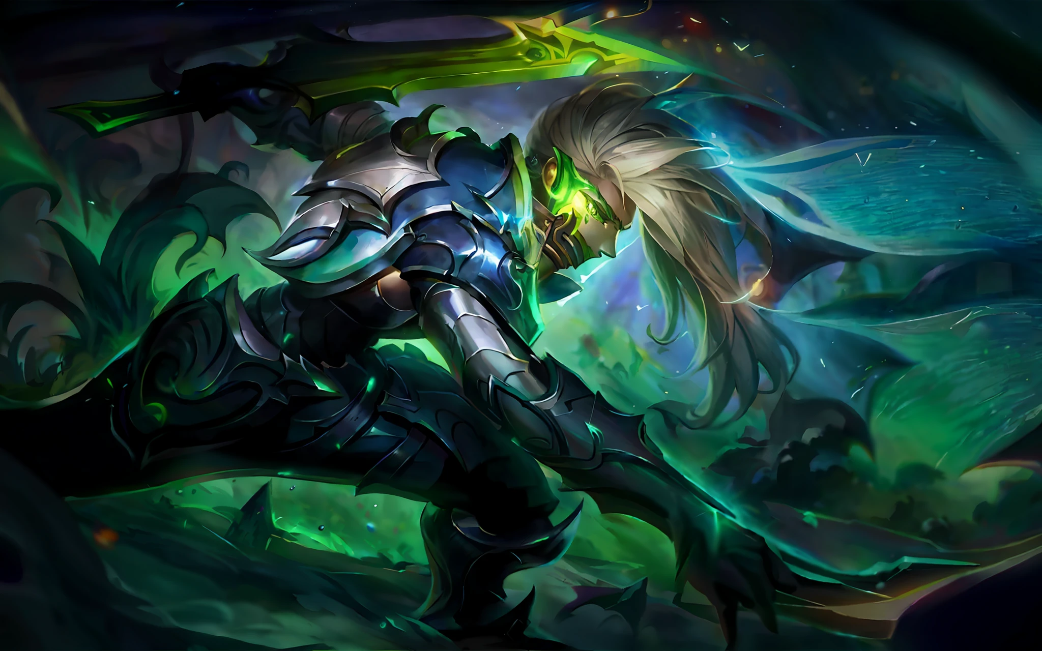 a close up of a person with a sword and a green light, amazing portrait of viego, league of legends splash art, league of legends character art, style league of legends, league of legends character, splash art, iconic character splash art, riven, league of legends splashart, league of legends concept art, official splash art, league of legends art --auto --s2