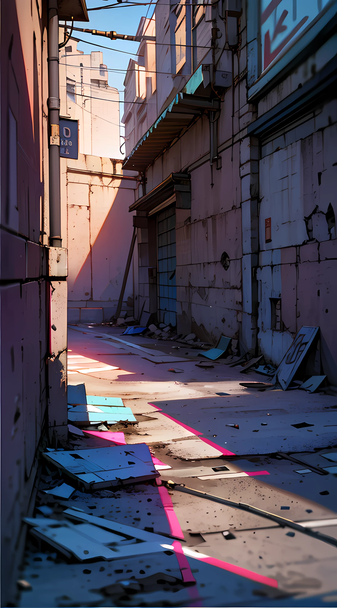 masterpiece, best quality, 8k, absurdres, (street, no humans, buildings:1.5), (metal signs, perspective, depth of field:1.2), scenery, cables, some garbage on the ground, rusty scrap, (damaged wall paint, dirty and cracked concrete wall:0.8), dusty, HDR, (bleach bypass, ginnokoshi:0.8), cinematic lighting, professional lighting, high contrast, sharp focus, highres, photography, hyperrealistic, ultra detailed, sharp details, finely detail