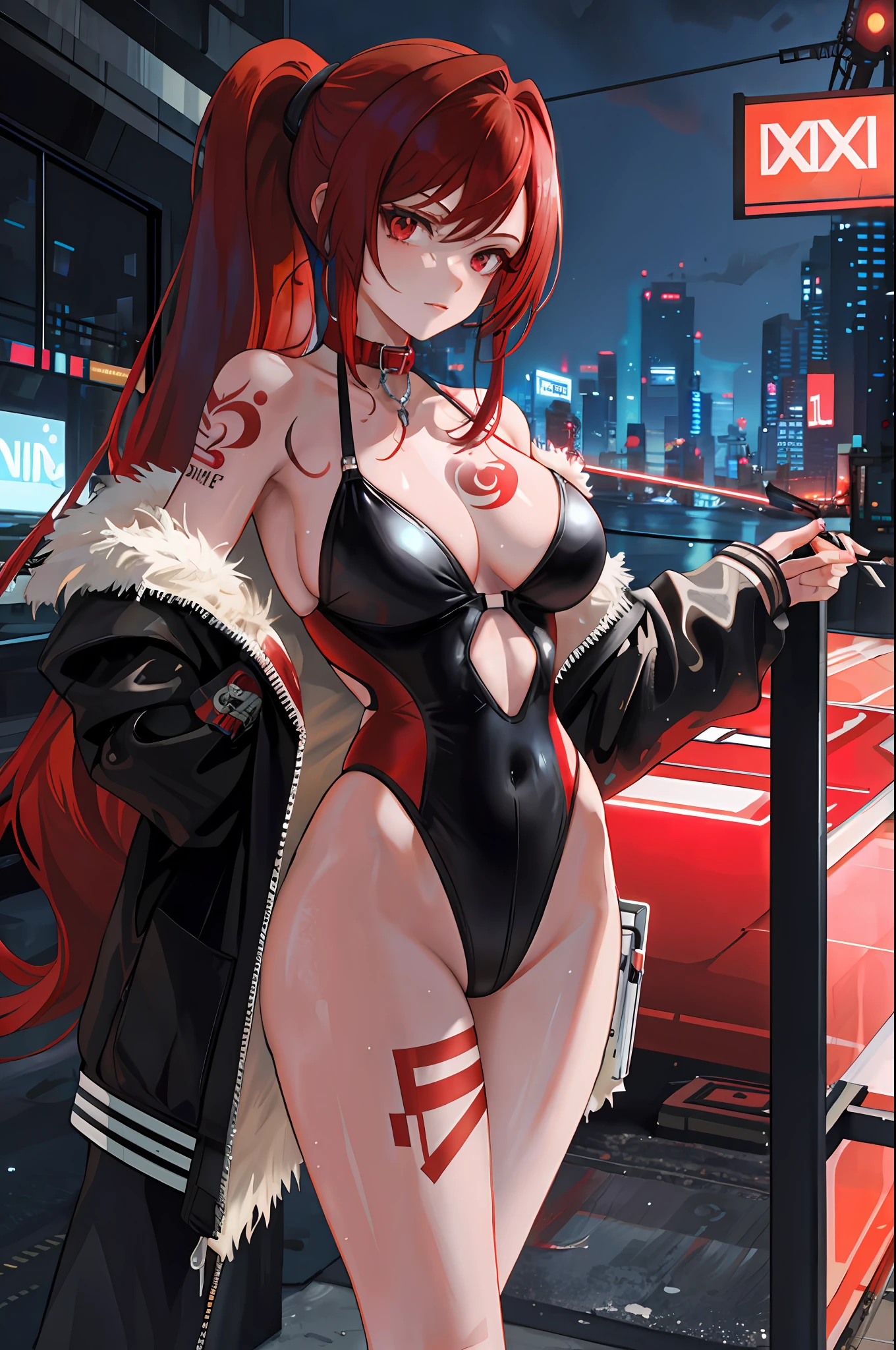 masterpiece, red hair, two ponytails, long hair, slingshot swimsuit, wet shinny body, collar, tattoo, extreme large breasts, [nsfw], nightclub neons, cyberpunk city, dusk, dark future