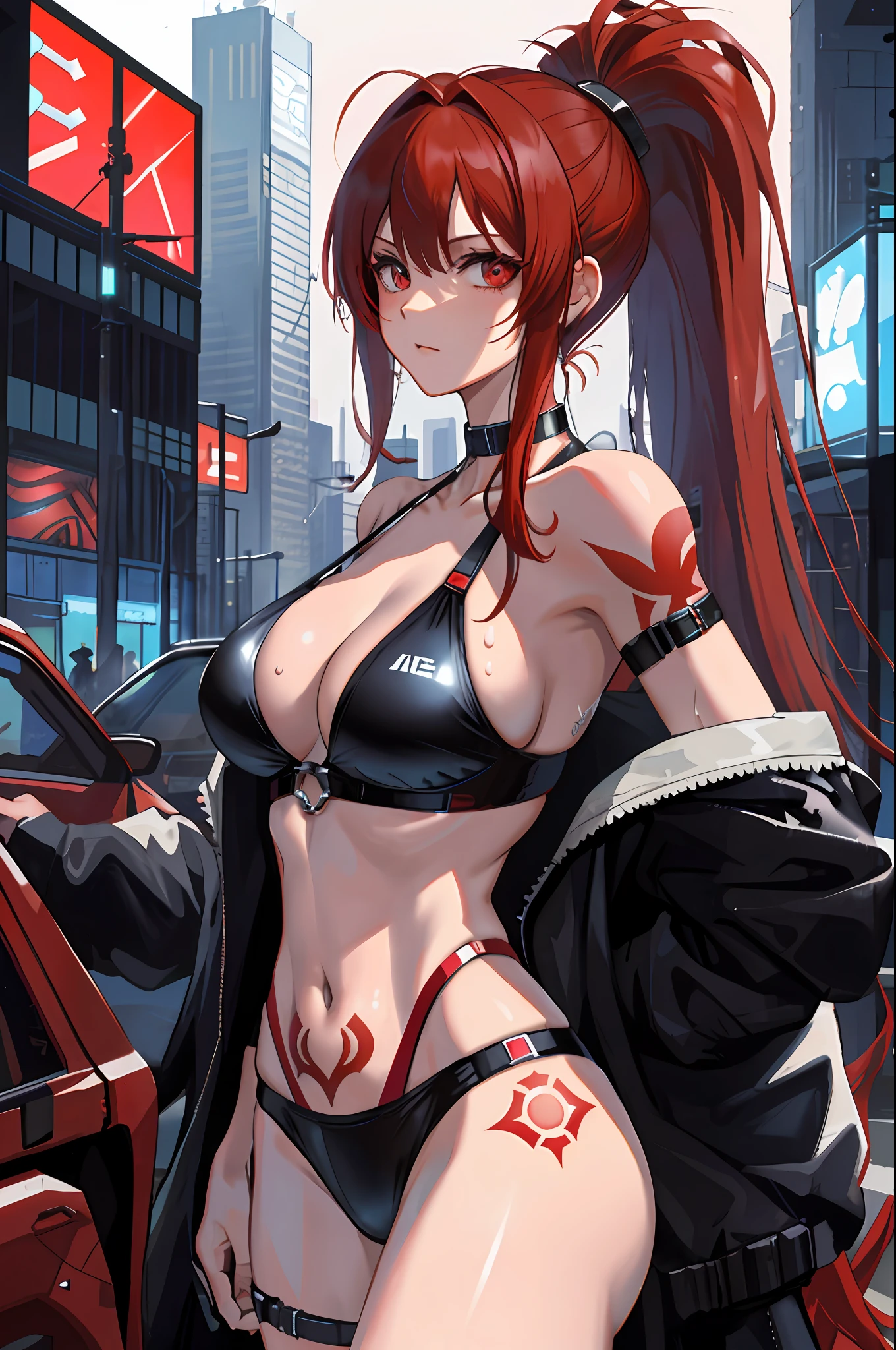 masterpiece, red hair, two ponytails, long hair, slingshot swimsuit, wet shinny body, collar, tattoo, extreme large breasts, [nsfw], nightclub neons, cyberpunk city, dusk, dark future