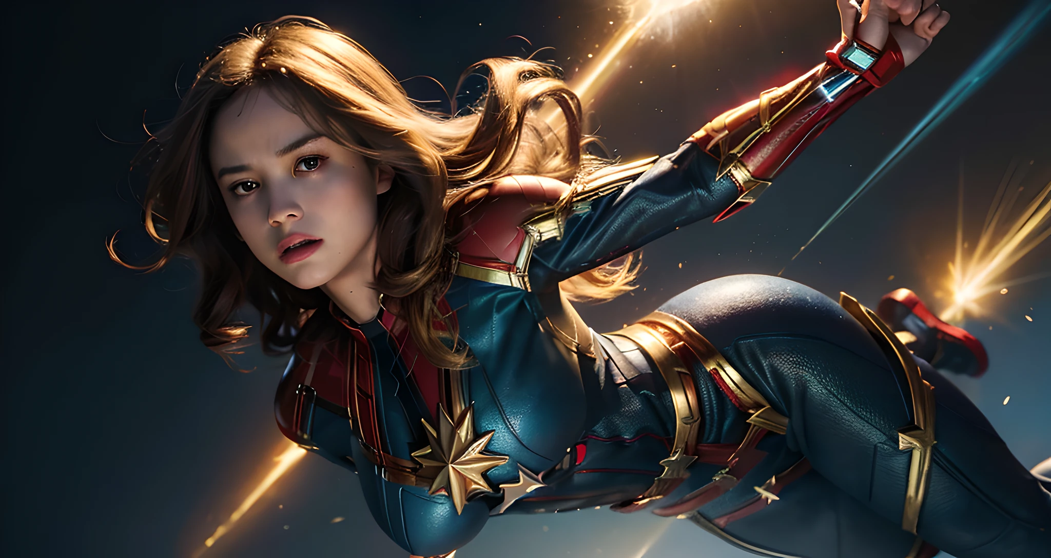 (Masterpiece), best quality, refined and detailed, full-body portrait of Brie Larson as Captain Marvel, shining energy aura, (dynamic pose + strong presence + heroic expression), medium hair length, (blue eyes), (captain marvel outfit+(sexy+cleavage+breasts showing: 1.2)), flying motion, front view, (best illumination + best shadow), vibrant color grading.