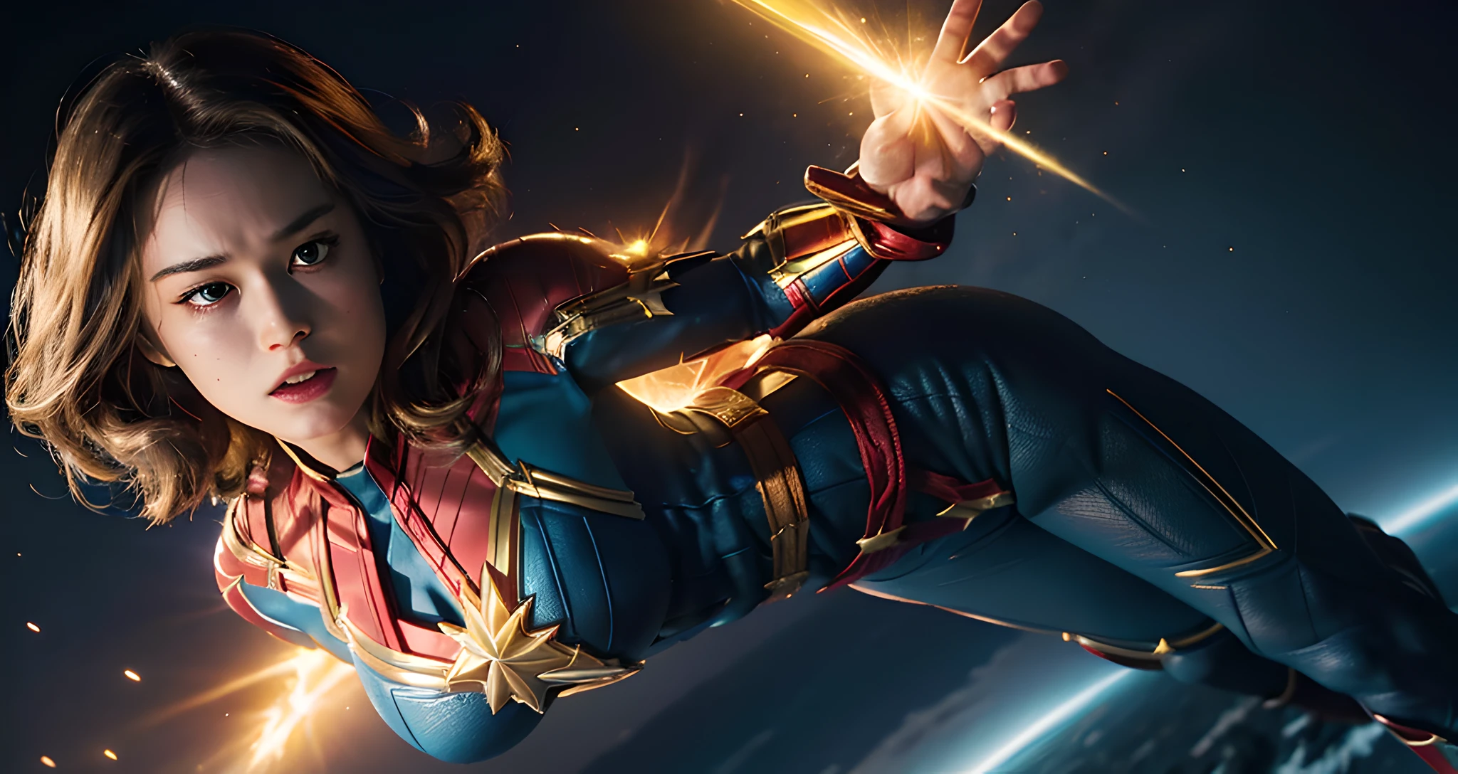 (Masterpiece), best quality, refined and detailed, full-body portrait of Brie Larson as Captain Marvel, shining energy aura, (dynamic pose + strong presence + heroic expression), medium hair length, (blue eyes), (captain marvel outfit+(sexy+cleavage+breasts showing: 1.2)), flying motion, front view, (best illumination + best shadow), vibrant color grading.