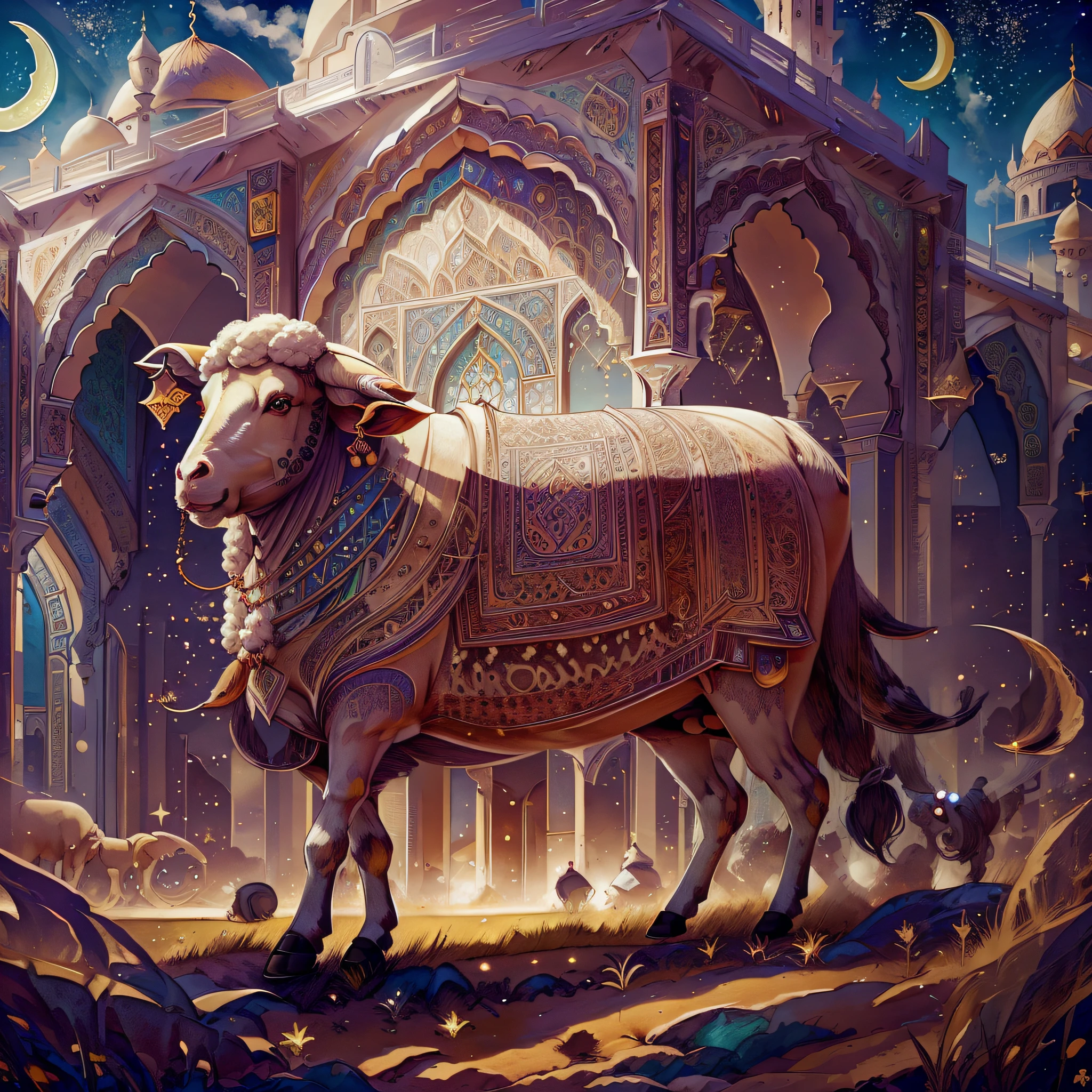 sheep, cow, crescent moon, clouds, mosque, islamic patterns, high detail, Expressionism, Realism, sparkle, depth of field, cinematic lighting, backlighting, ray tracing, Fujicolor, ray tracing, glowing light, high quality, super detail, best quality, masterpiece, anatomically correct, textured skin, 16k