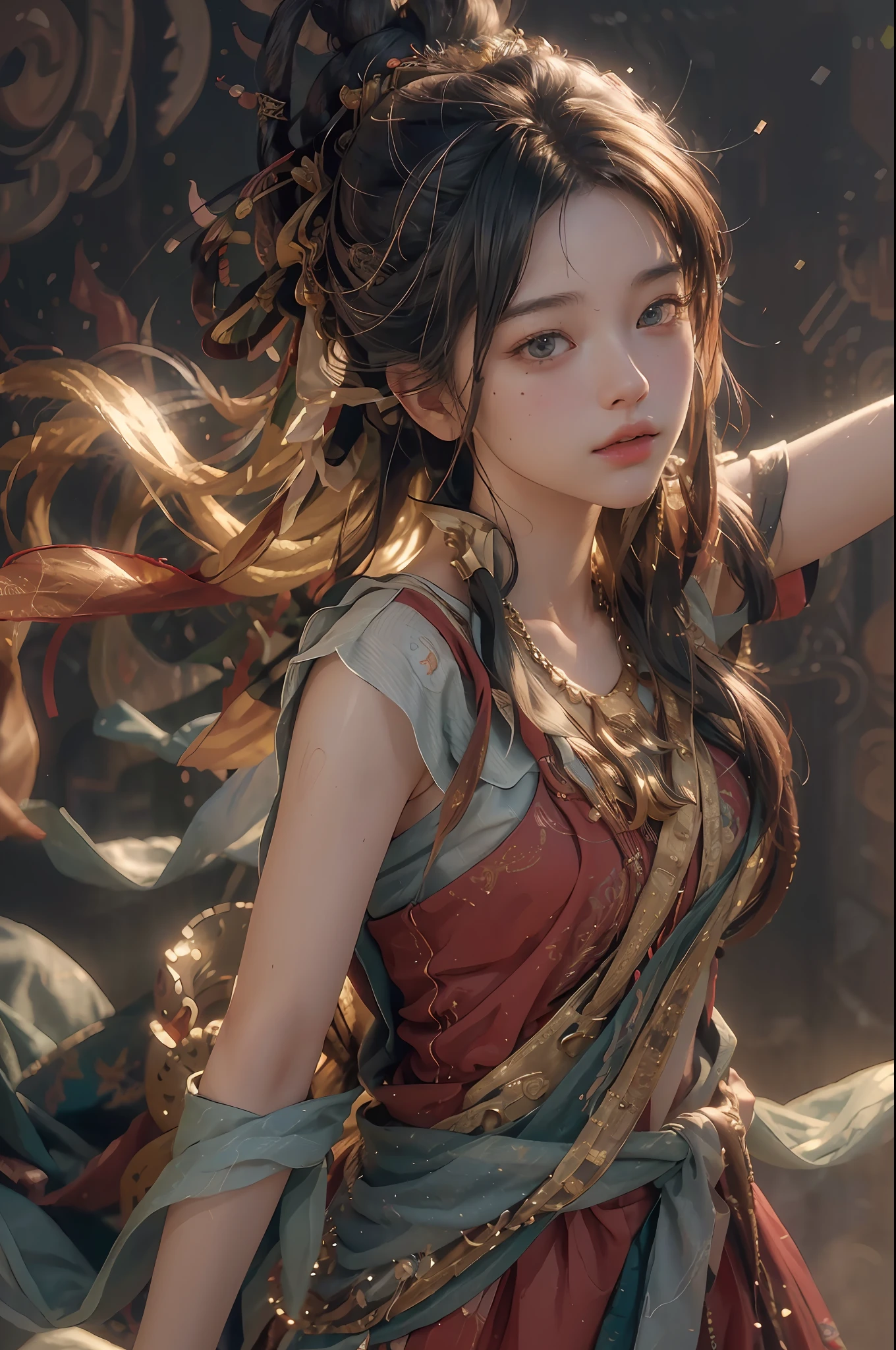 (RAW photo, best quality), (realistic, photo-realistic:1.3),best quality,highly detailed,masterpiece,ultra-detailed,illustration,1girl,upper_body,dynamic angle,world masterpiece theater,messy_long_hair,best quality,extremely detailed CG unity 8k wallpaper,ink,Amazing,cinematic lighting,lens_flare, dunhuang_style