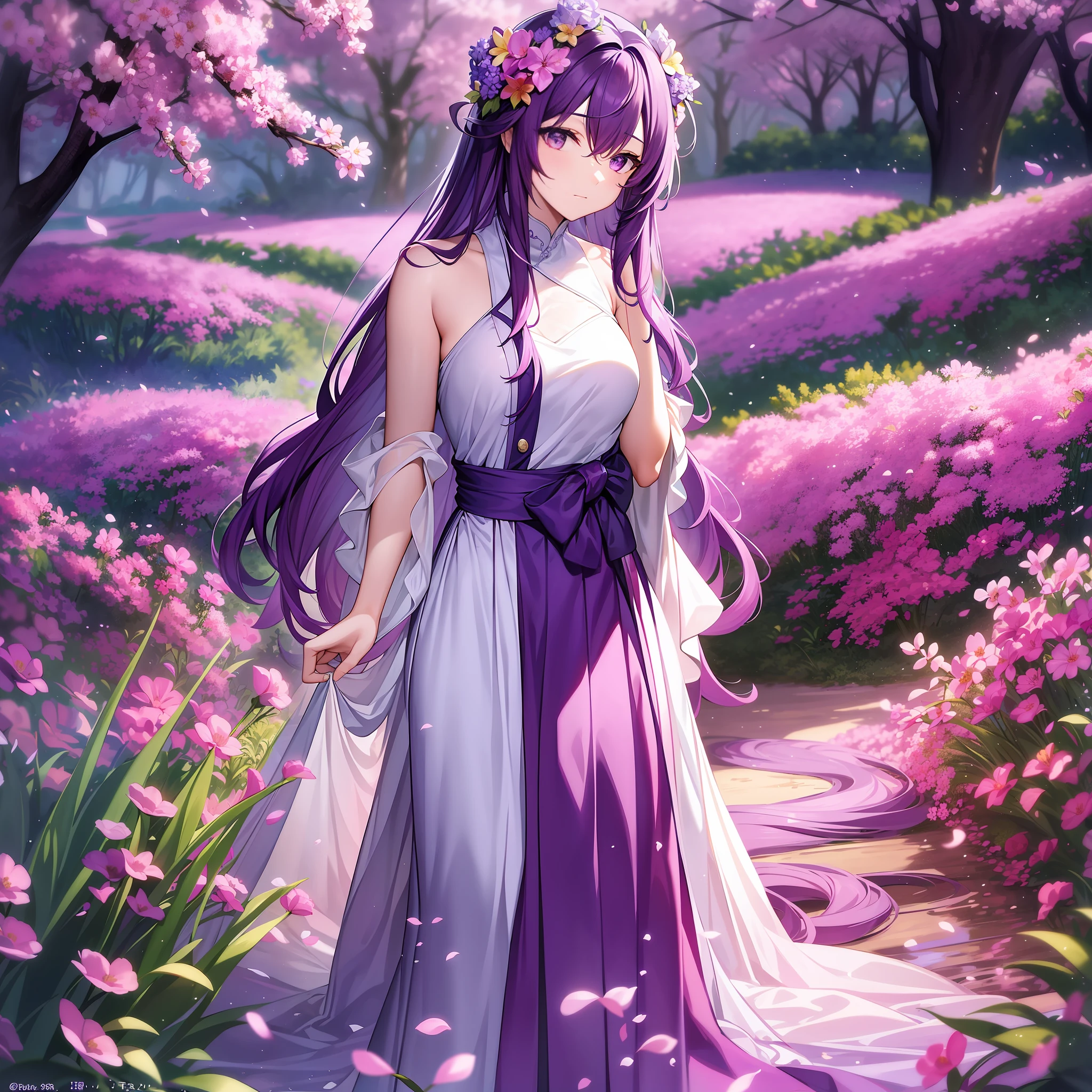 Character expressions: gentle, soft, and a fresh and natural breath in their expressions.
Hairstyle and color: long purple hair combed into coiled hair, with a few blooming purple flowers on the head, gentle and full of life.
Clothing style and color: Wearing a lilac silk robe, it exudes an ethereal atmosphere.
Accessories on the characters: purple flowers blooming on their heads, making people look like they don't want to leave, as if they are in a sea of spring flowers.
Character pose: Standing in the sea of flowers, soft words are intertwined with the sounds of nature, leaving no room for immersion.
Surroundings: Surrounded by countless blooming purple flowers, you can see a splendid sea of flowers in any direction.
Atmosphere: idyllic and beautiful.
Environmental features: The surrounding atmosphere is fresh and pleasant, and the air is filled with the fragrance of flowers.
Ambient time: early morning
