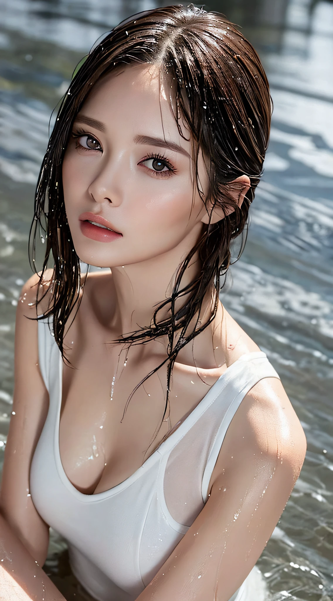 (Best quality, 4k, Masterpiece :1.3), pretty woman, 1girl, sexy :1.1, dark brown hair: 1.1, (rainy wet, wet from rain, wet body :1.2), white tank tops, ultra-detailed face, detailed lips, detailed eyes, double eyelid