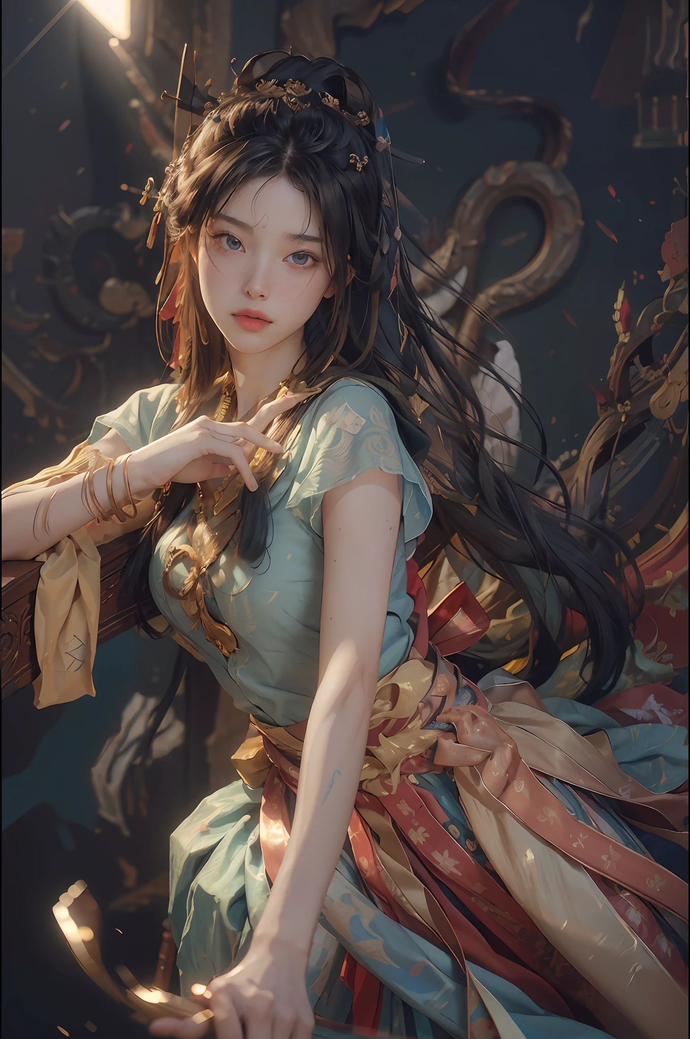 (RAW photo, best quality), (realistic, photo-realistic:1.3),best quality,highly detailed,masterpiece,ultra-detailed,illustration,1girl,upper_body,dynamic angle,world masterpiece theater,messy_long_hair,best quality,extremely detailed CG unity 8k wallpaper,ink,Amazing,cinematic lighting,lens_flare, dunhuang_style