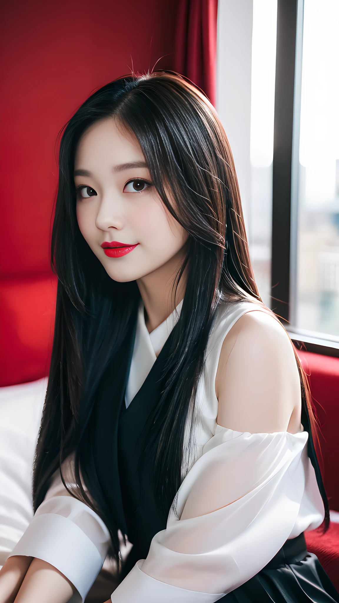 ((Best Quality, 8K, Masterpiece: 1.3)), A beautiful girl, pure, melon face, gentle and cute, sweet smile, pure desire, thin figure, (frontal), (tilted head), looking directly at the camera, uniform, obi, formal, black silky long straight hair, long hair flowing over the shoulders, round black big eyes, clear big eyes, moist red lips, sweet, sitting on the edge of the bed, window sill background,