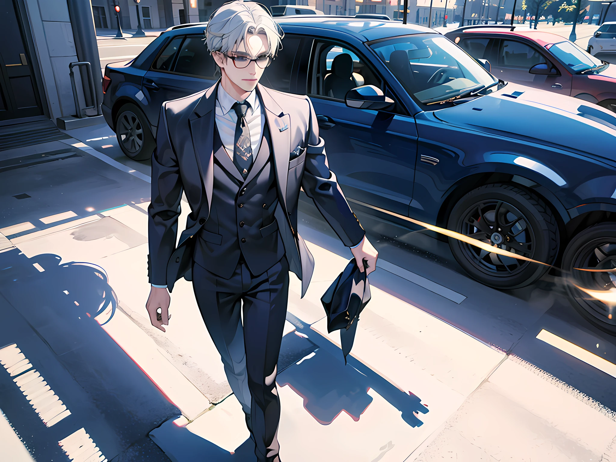 A man, on the street, parked a lot of cars, wearing a suit, facing the camera, daytime, white theme, highest quality, super detail, masterpiece, high resolution, (8k), (super detailed CG),