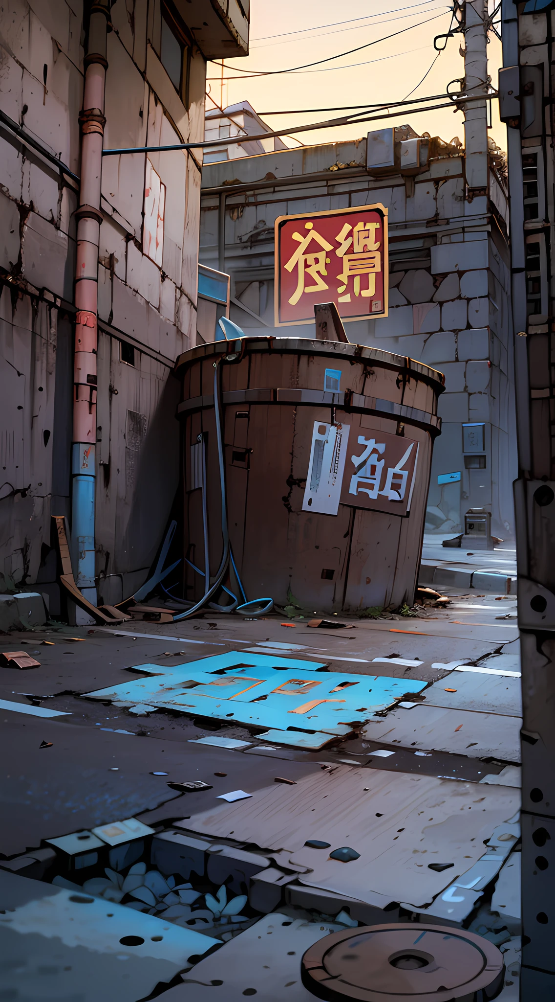 masterpiece, best quality, 8k, absurdres, (street, no humans, buildings:1.5), (metal signs, perspective, depth of field:1.2), scenery, cables, oil drum, some garbage on the ground, rusty scrap, (damaged wall paint, dirty and cracked concrete wall:0.8), dusty, HDR, (bleach bypass, ginnokoshi:0.8), cinematic lighting, professional lighting, high contrast, sharp focus, highres, photography, hyperrealistic, ultra detailed, sharp details, finely detail