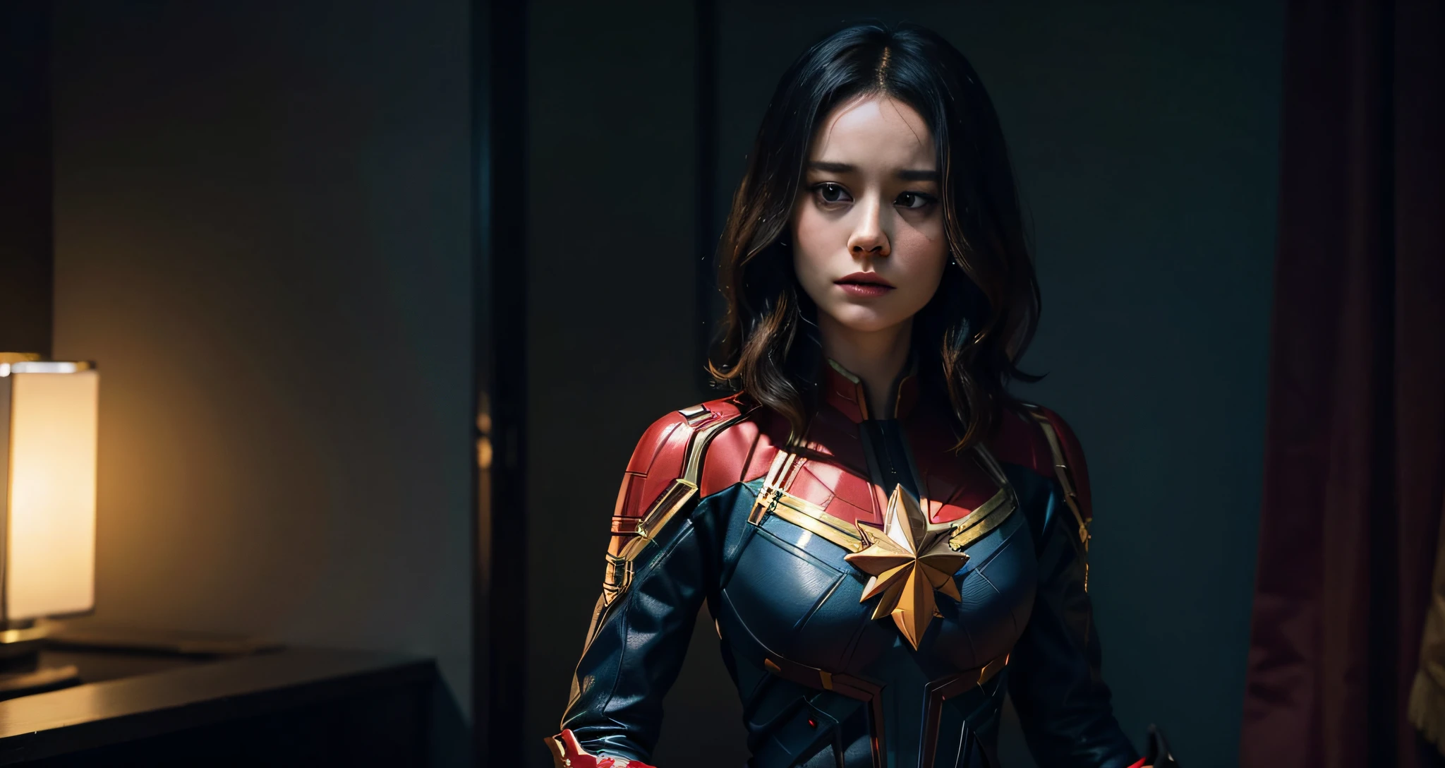 brie larson, medium hair, full body portrait, wearing captain marvel outfit, sexy, cleavage, breasts showing