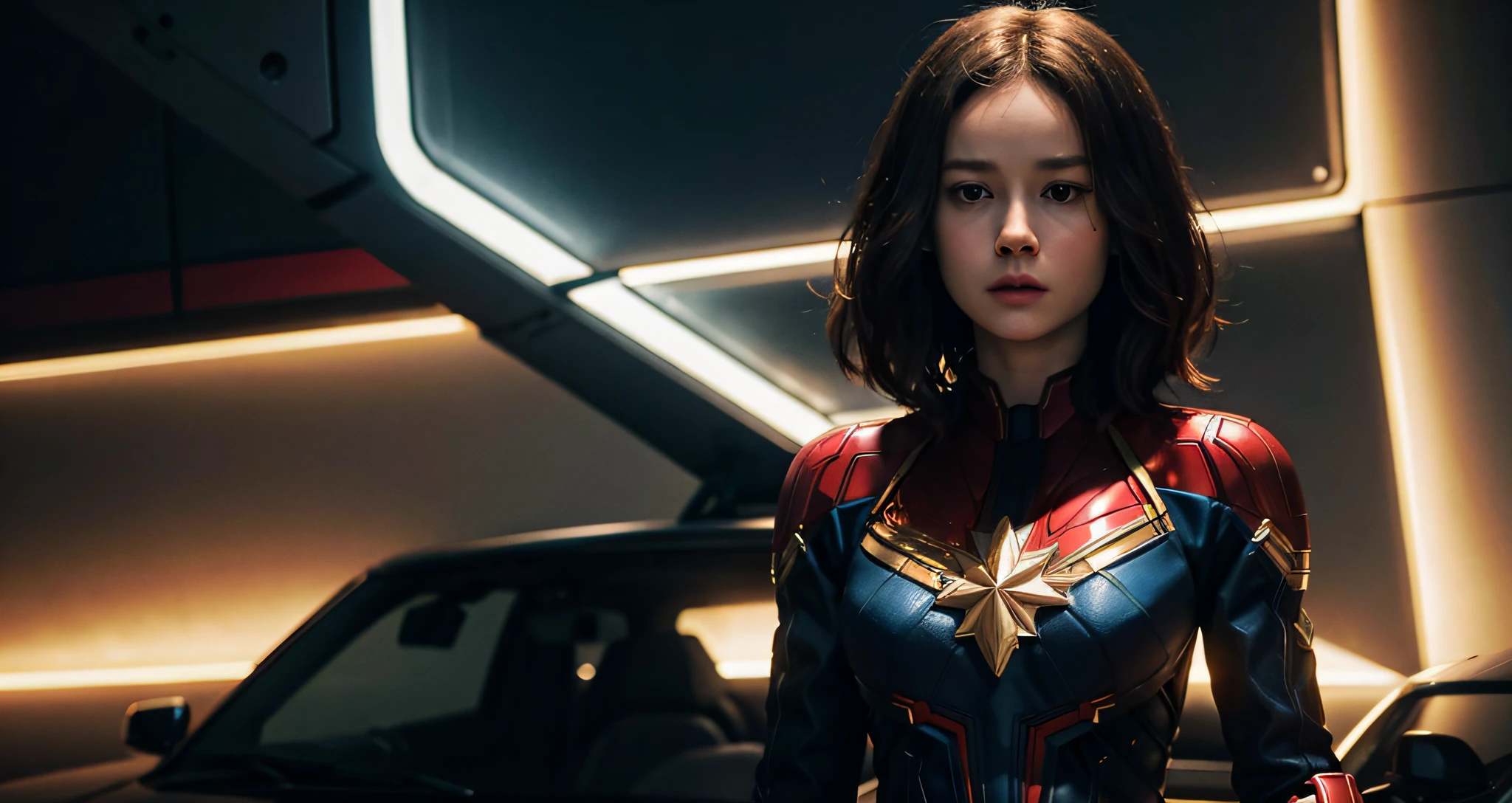 brie larson, medium hair, full body portrait, wearing captain marvel outfit, sexy, cleavage, breasts showing