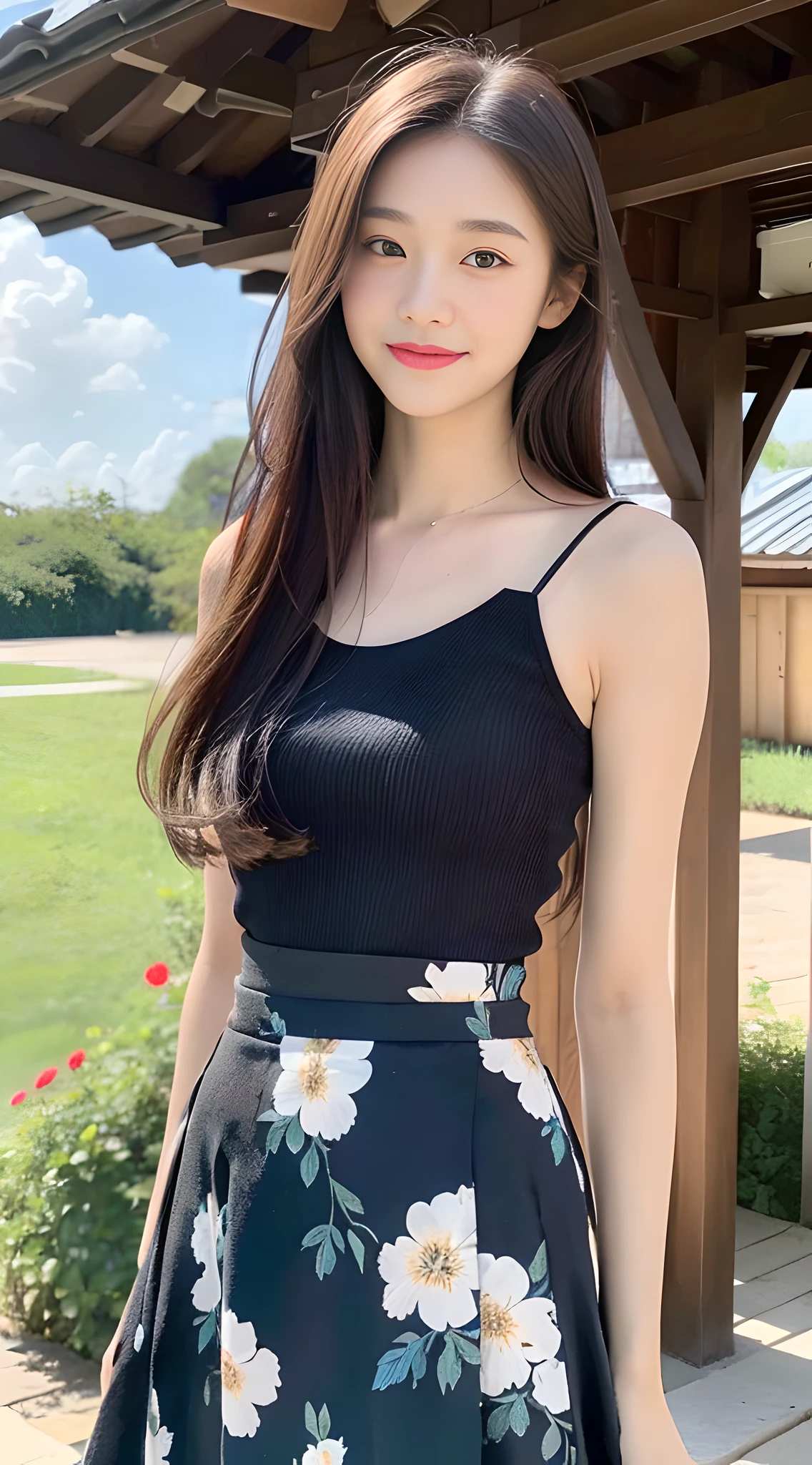 ((Best Quality, 8K, Masterpiece: 1.3)), Focus: 1.2, High School Girl, Motorcycle Pilot, Perfect S-Shaped Body, (Firm Eyes) (Cute), Delicate Face, Long Hair Waist Length, Long Hair Flowing, Head Tilted, Smile, Hair Details, Delicate Full Body Portrayal, Delicate Face Portrayal, Best Image Quality, High Resolution, Detailed Background, Delicate Characterization, Delicate Details, Rich Details, Face Enhancement, (Black Short Top, Floral Midi Skirt), Blue Sky and White Clouds, Flowers, Wooden House, There are no bags under the eyes