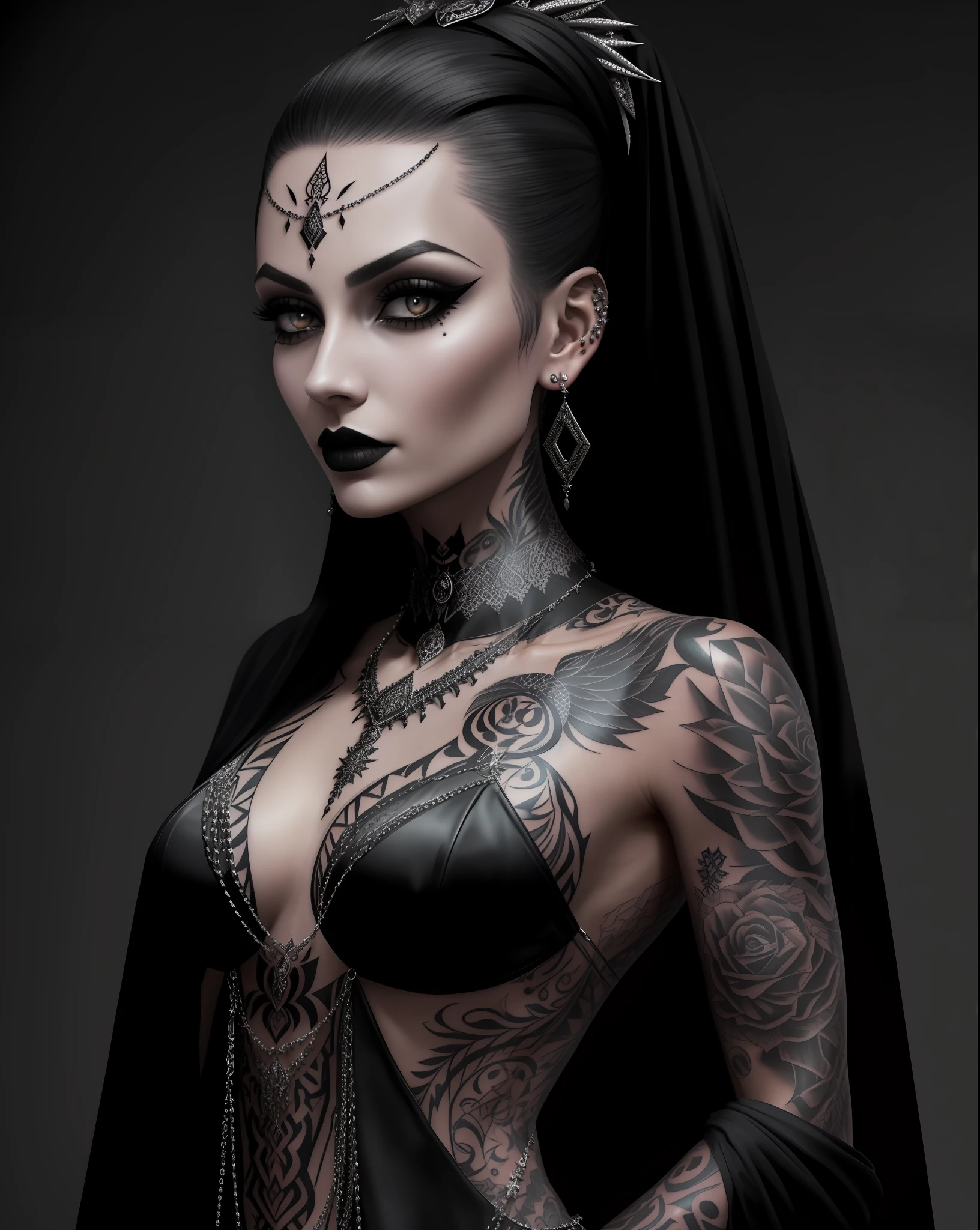 Arad woman with black dress and necklace and earrings, neck tattoo, tattoo and piercing, tattoo, ink, neo-traditional tattoo, scales on the chest, Ananikonova, inspired by Hedi Xandt, pierced collar, austere fashion model looking up, gothic girl aesthetic, tattoos all over the skin, wearing many medals