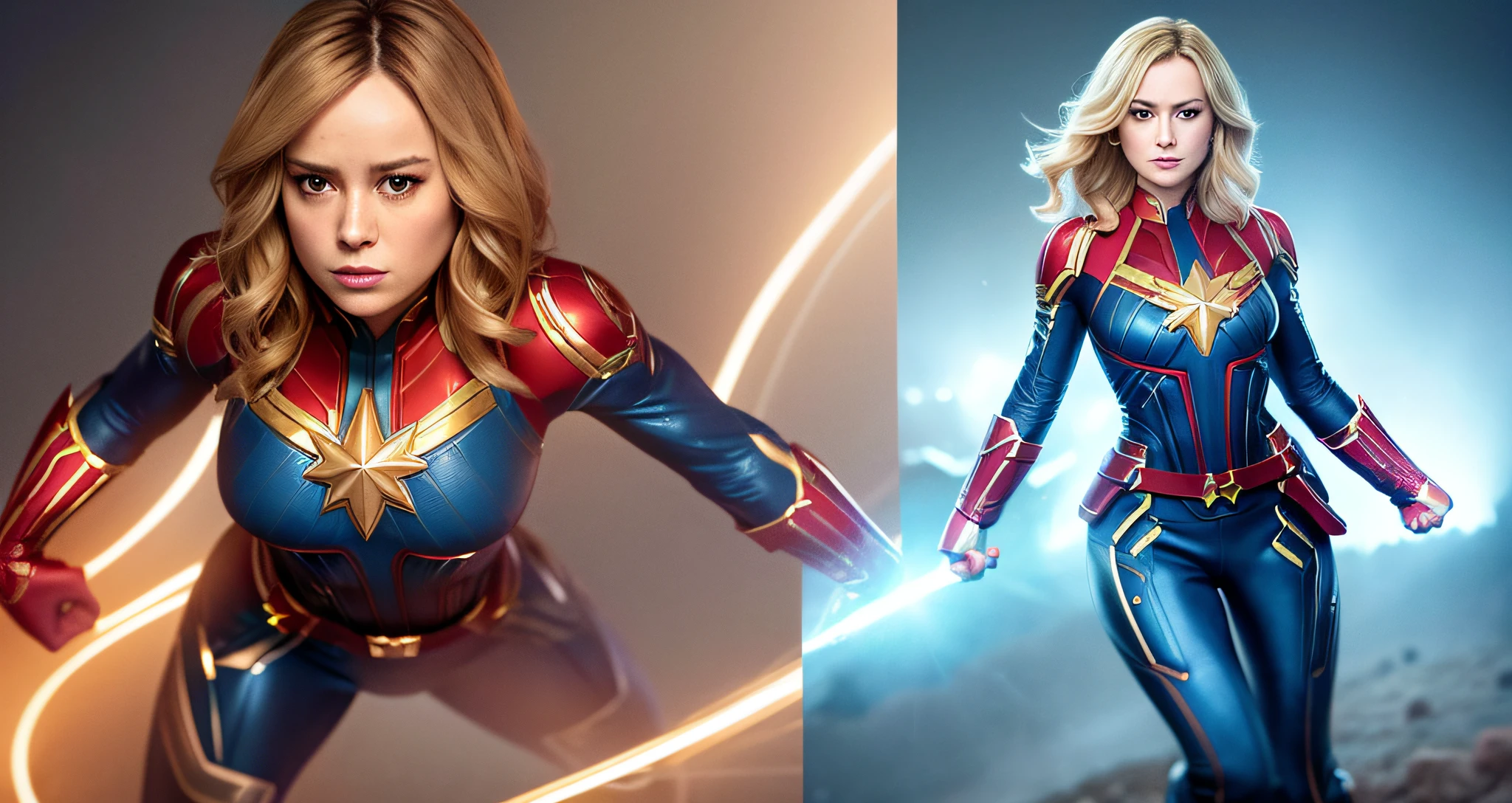 "One full body portrait of a powerful and confident Brie Larson, with medium length hair and a sexy strong build emphasized by curves and cleavage, wearing her Captain Marvel outfit with breasts showing