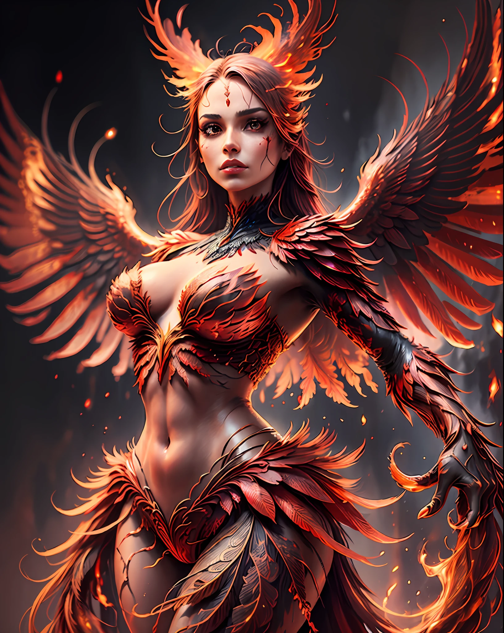 Detailed portrait of (phoenix) woman, woman, Feathers, skin dentation, navel, red and black, fire, fantasy, bird woman, masterpiece, best quality, dynamic pose, fire red dress, wings, intricate details, intricate