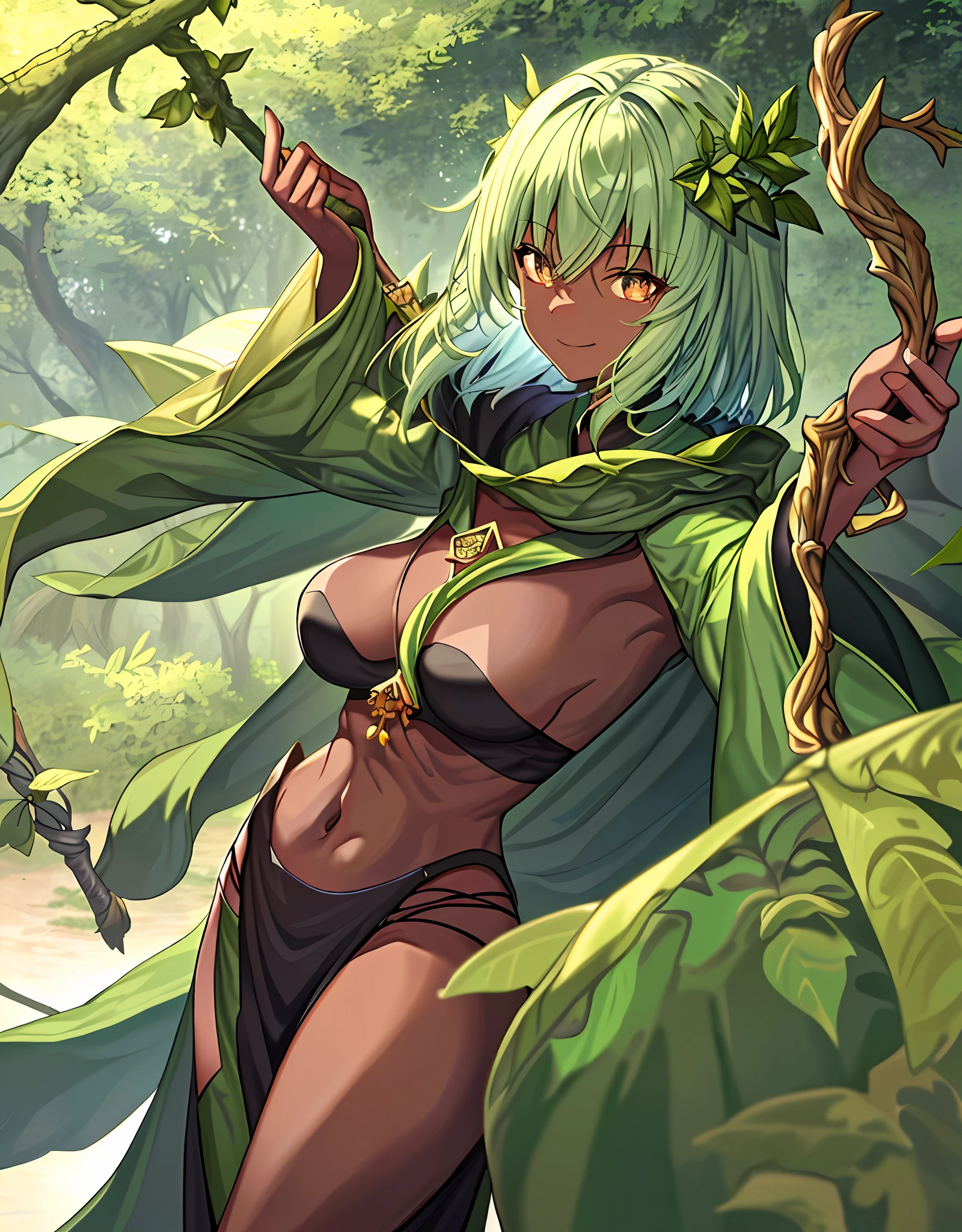 ファンタジー, 1forest_elemental_girl, 格闘, (using_leaves_clothes, green_leaves_covered_breasts, leaves_covered_pussy)+++,big_tits,dynamic_pose_standing, light_smile, 眠い, medium_hair, へそ,(dark_skin)+, オイル, (winding_vine_around_torso)++, (ふっくらと)+,森, trees_background, leaves_headgear, green_leaves_cape, hold_large_long_staff, large_thighs, large_ass, solo,