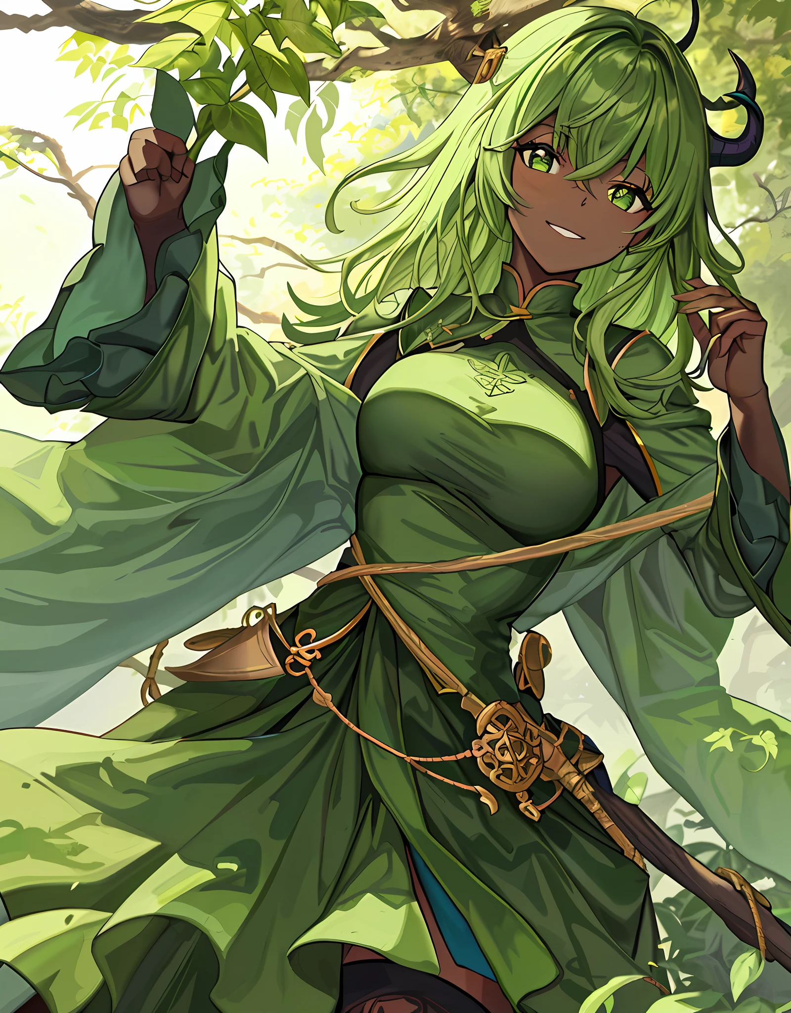 ファンタジー, 1forest_elemental_girl, 格闘, (using_leaves_clothes, green_leaves_covered_breasts, leaves_covered_pussy)+++,big_tits,dynamic_pose_standing, light_smile, 眠い, medium_hair, へそ,(dark_skin)+, オイル, (winding_vine_around_torso)++, (ふっくらと)+,森, trees_background, leaves_headgear, green_leaves_cape, hold_large_long_staff, large_thighs, large_ass, solo,