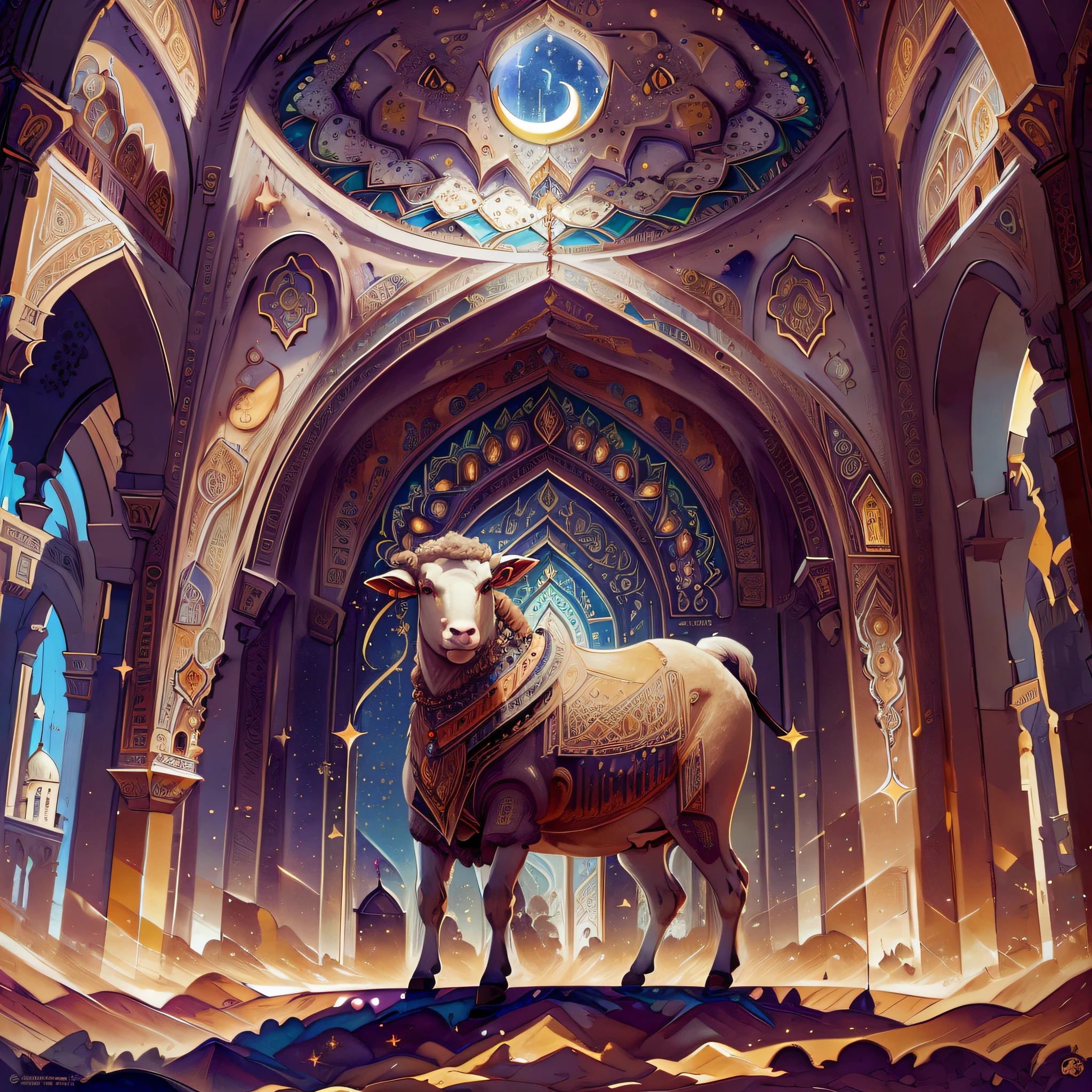sheep, cow, crescent moon, clouds, mosque, islamic patterns, high detail, Expressionism, Realism, sparkle, depth of field, cinematic lighting, backlighting, ray tracing, Fujicolor, ray tracing, glowing light, high quality, super detail, best quality, masterpiece, anatomically correct, textured skin, 16k