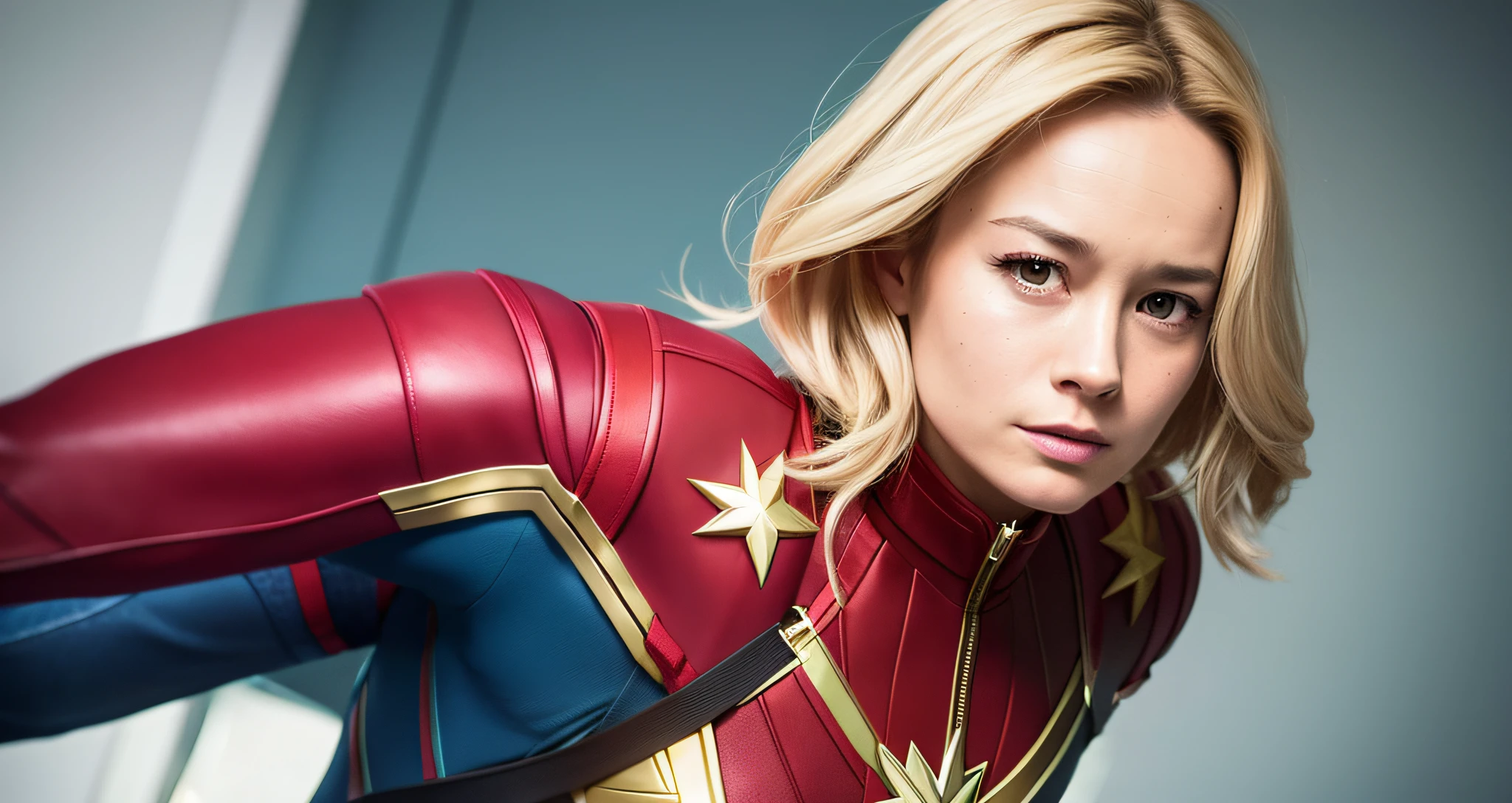 brie larson, medium hair, full body portrait, wearing captain marvel outfit, sexy, cleavage, breasts showing