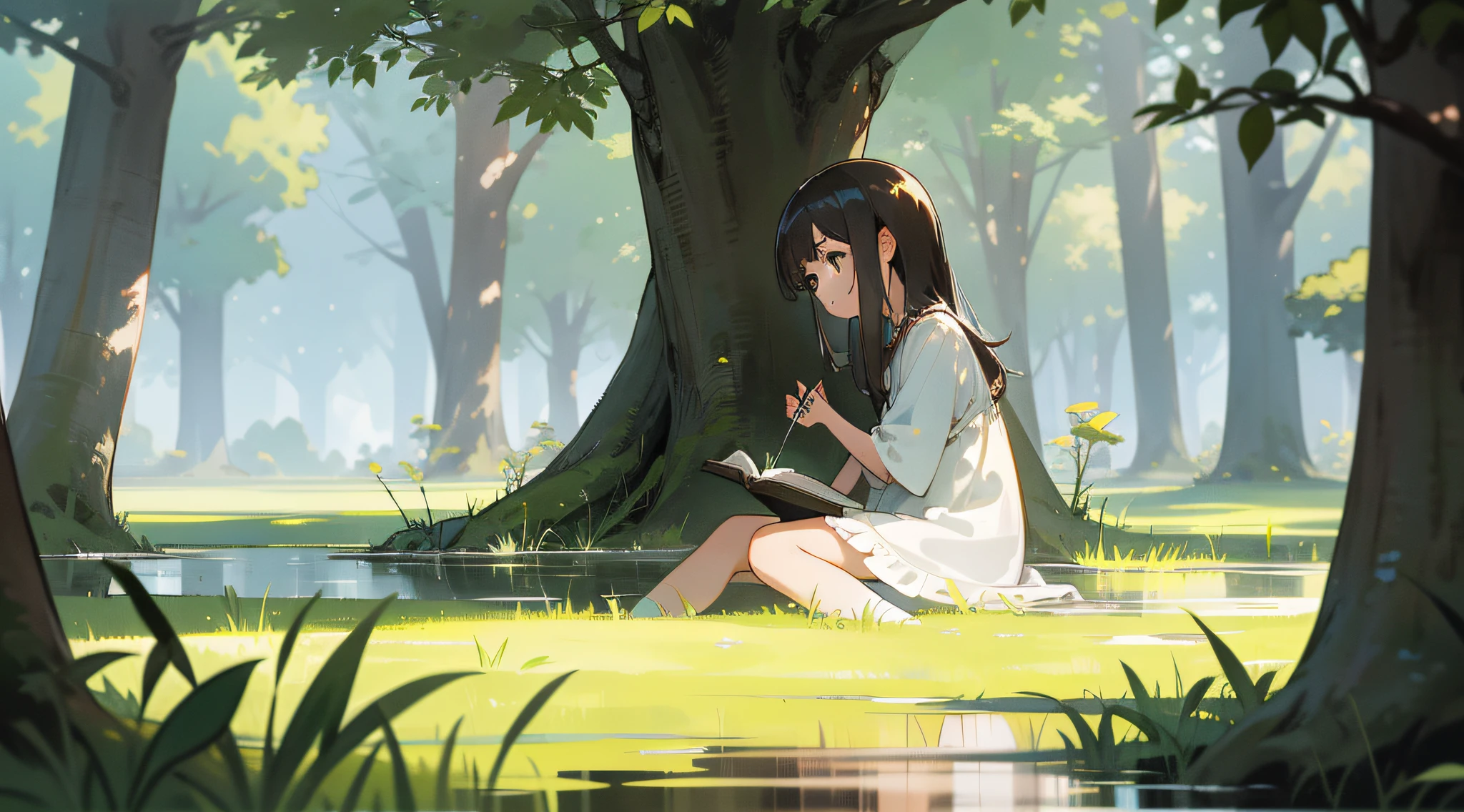 On a quiet summer afternoon, the sun shines through the gaps between the leaves on a meadow. The clear stream flows gently and the leisurely song of cicadas echoes in the air. In the corner of the meadow, a little girl is sitting intently under a tree with a book.