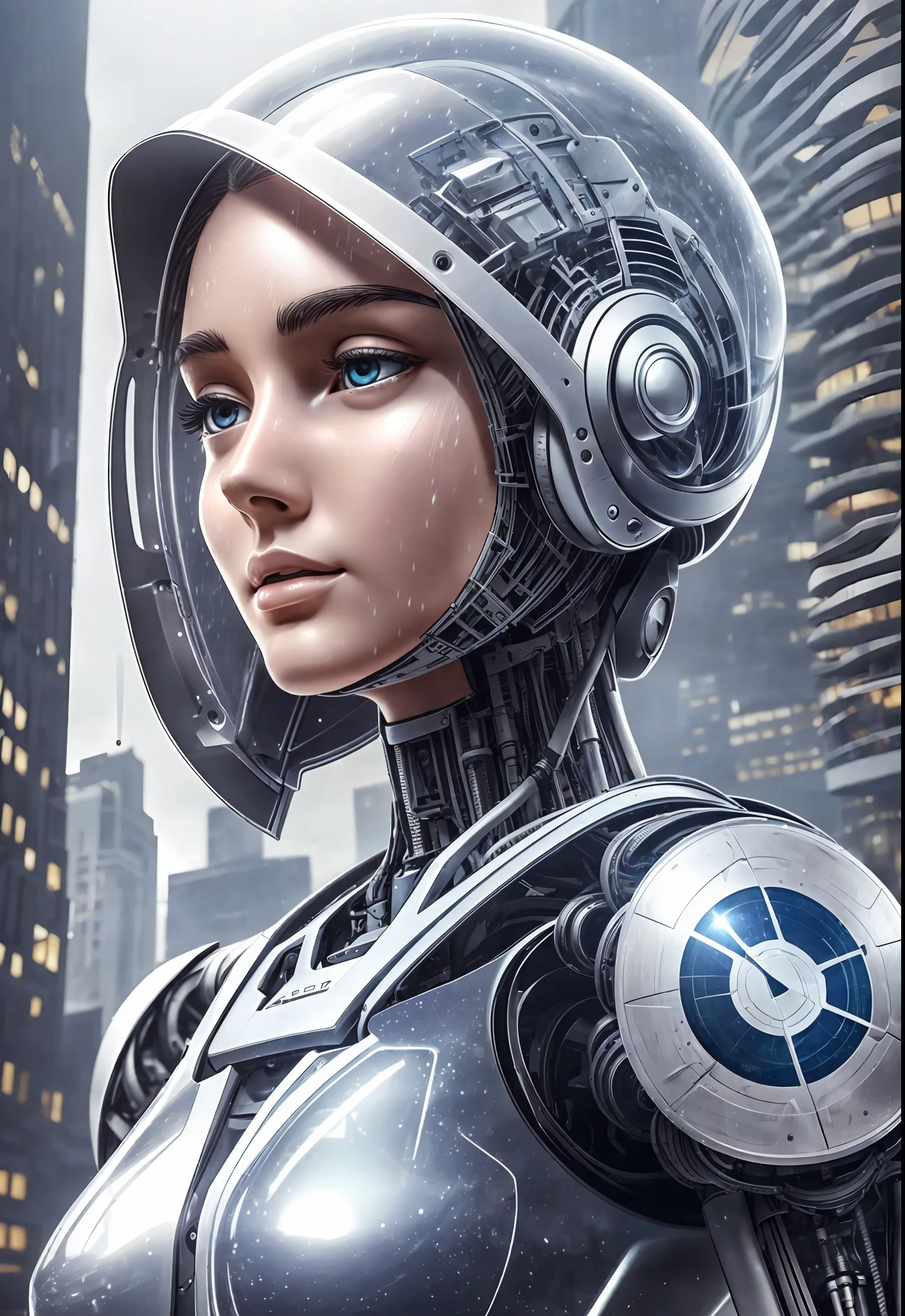 A robot with perfect female face, super realistic humanoid, robot with human-like face and mechanical detailed body, 8K image, robot with bird posing in its hand, peaceful environment, futuristic city background, super realistic robot with human-like physiognomy, peaceful robot, ((Masterpiece, best quality,)), dumb, (wet:1.2), girl, medium breasts, (see-through:1.3) --auto --s2